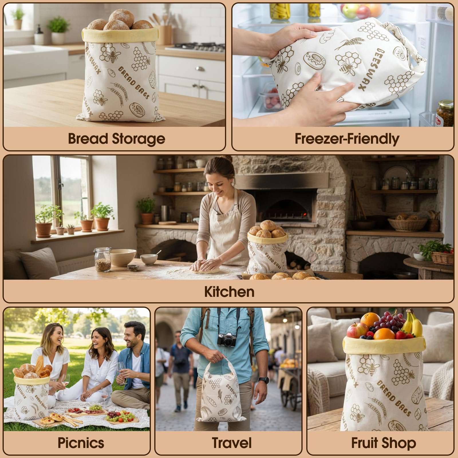 VrEnduuo 2 Pack Reusable Bread Bag, Beeswax Bread Bags for Homemade Sourdough Bread,Easy to Clean Cotton Food Storage Cloth Bag,Freezer-Friendly Keeps Fresh Longer XL 17"×12" (Honeycomb Design)