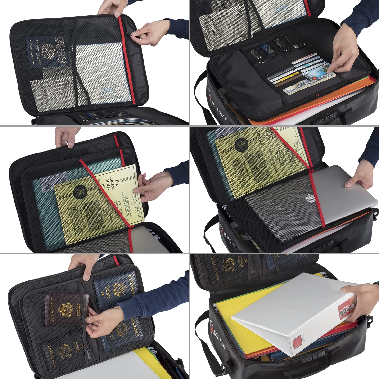 ROLOWAY-Fireproof Document Bag with Lock, Fireproof Document Safe Organizer, Fireproof File Storage Bag, Fireproof Bag with Multi Layer Portable File Organizers for Travel Black