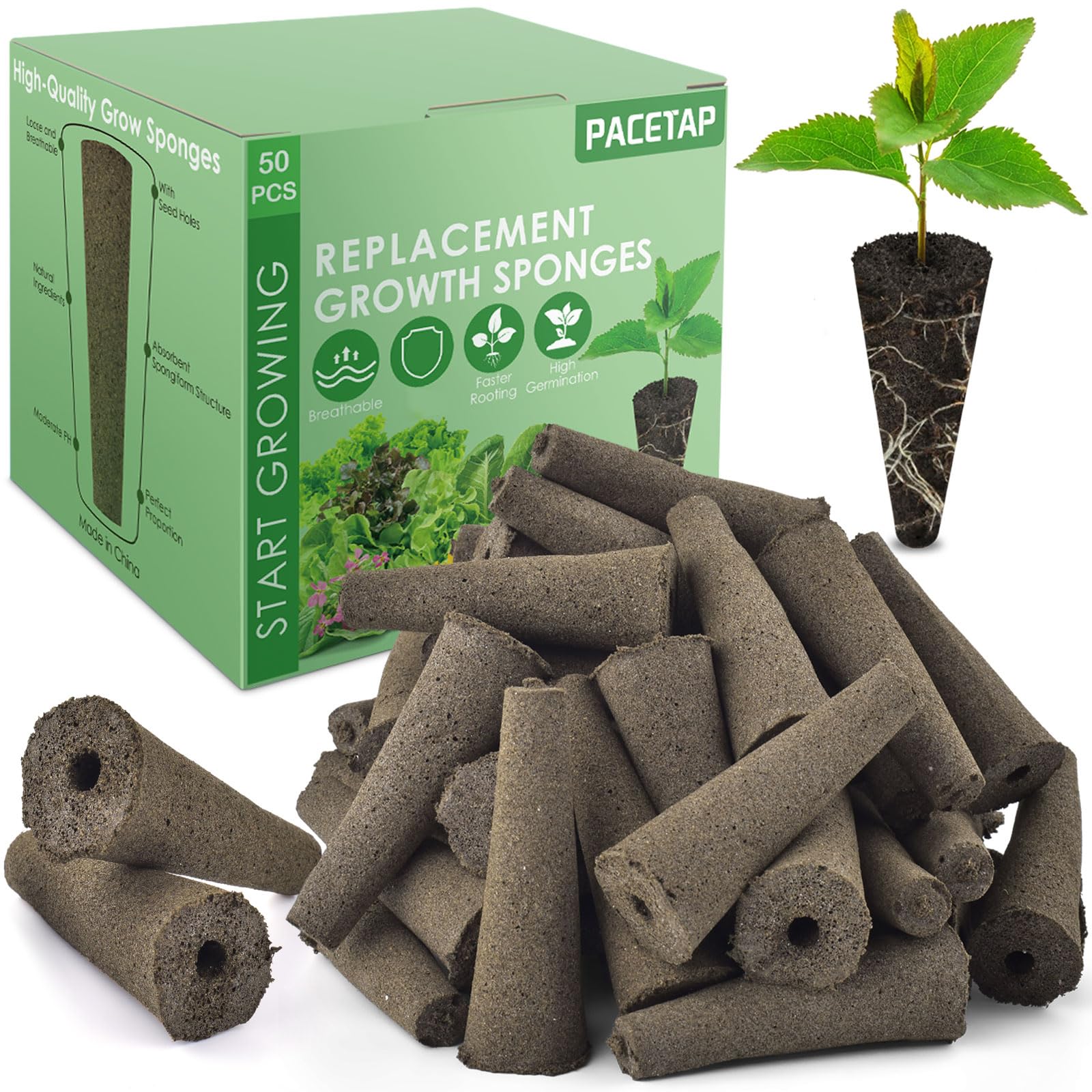 PACETAP Seed Starter Pods Growth Sponges Replacement with AeroGarden, Bulk Refill Grow Sponge for Hydroponic Indoor Garden System (50 Pcs)