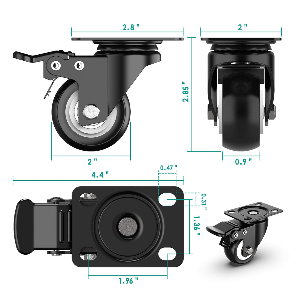 2 inch Swivel Caster Wheels,Heavy Duty Plate Casters with Safety Brake Total Capacity 600lbs (Pack of 4)
