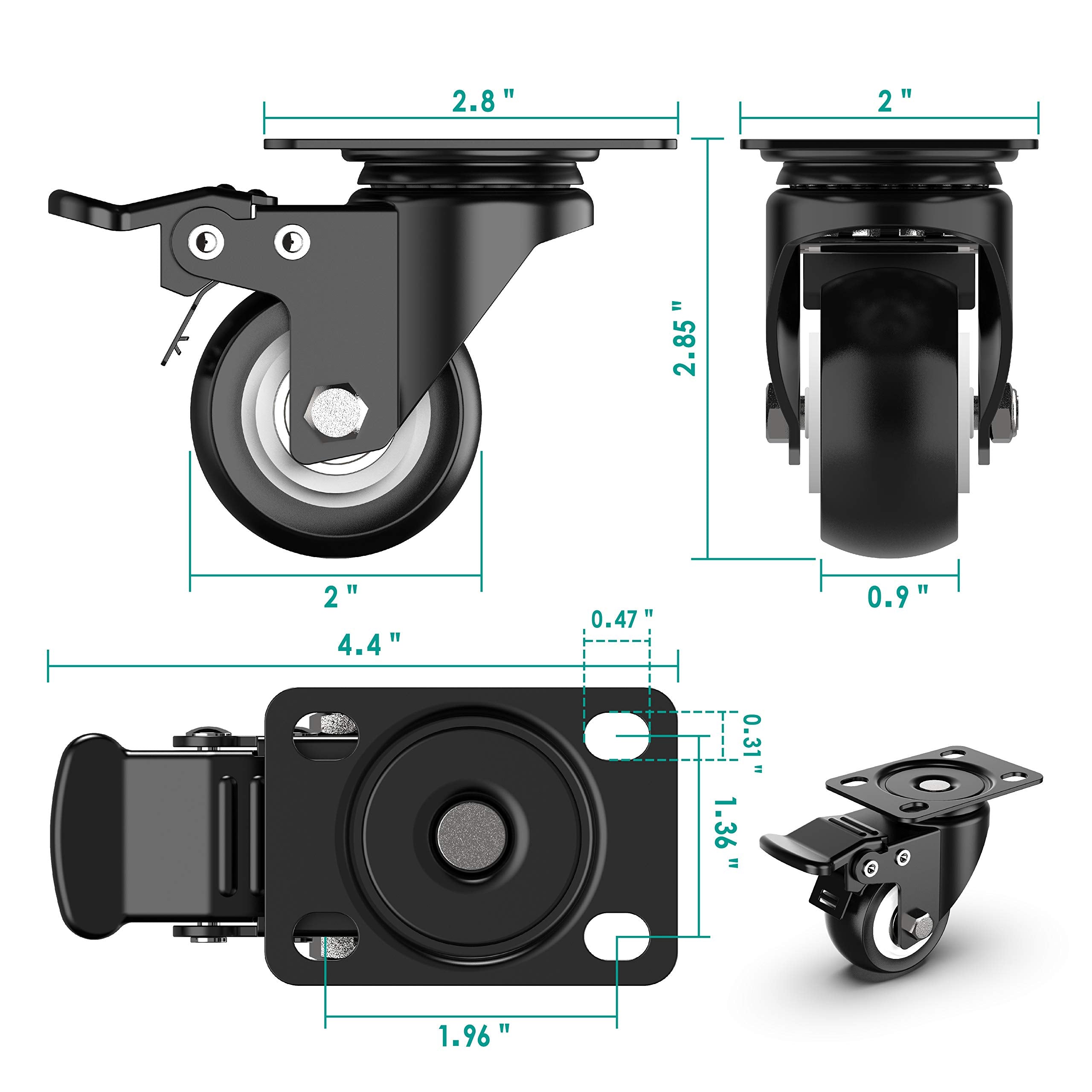 2 inch Swivel Caster Wheels,Heavy Duty Plate Casters with Safety Brake Total Capacity 600lbs (Pack of 4)