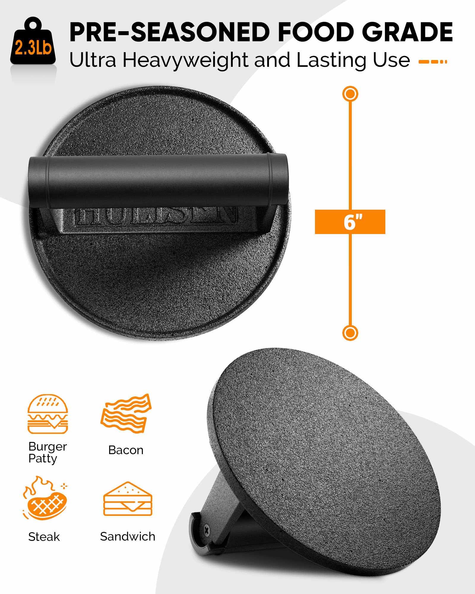 HULISEN Pre-Seasoned Cast Iron Burger Press, Heavy Duty 6” Burger Smasher for Griddle with Heat Resistant Handle, Grill Press for Hamburger, Bacon, Meat, Steak, Patty, Barbecue Grilling Tool