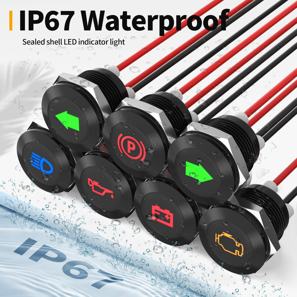 RVMARINEPAT 12V LED Indicator Light Small Indicator Light Waterproof 1/2" Panel Cutout 12 Volt 24 Volt Metal LED Indicator Pilot Dash Light with 300MM Wires -7PCS