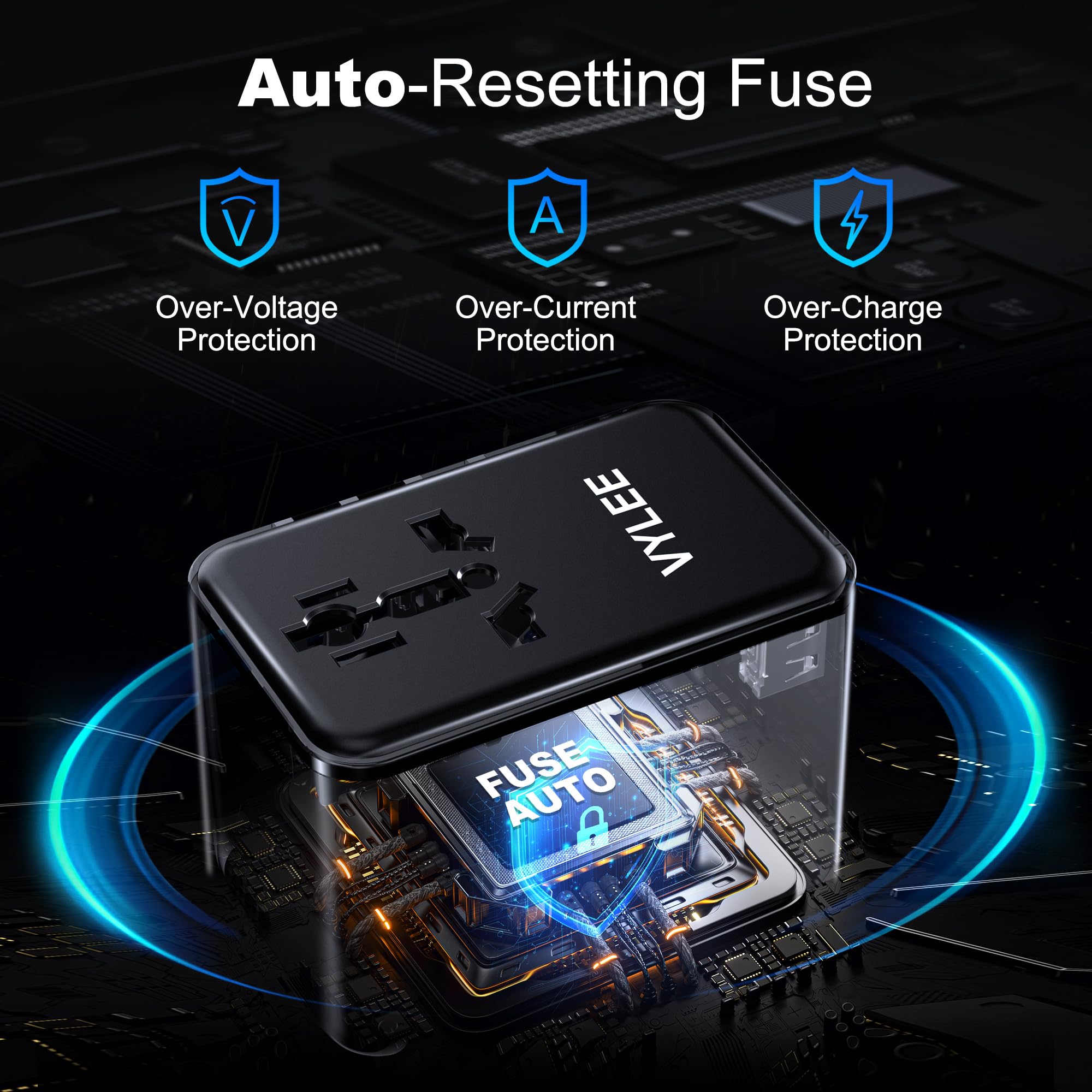 VYLEE Travel Adapter Worldwide, Universal Travel Plug Adapter with 2 USB C and 2 USB A, International Socket Adapter for USA, England, Japan, Maldives, Sri Lanka, Australia (Type A/C/D/G/I)