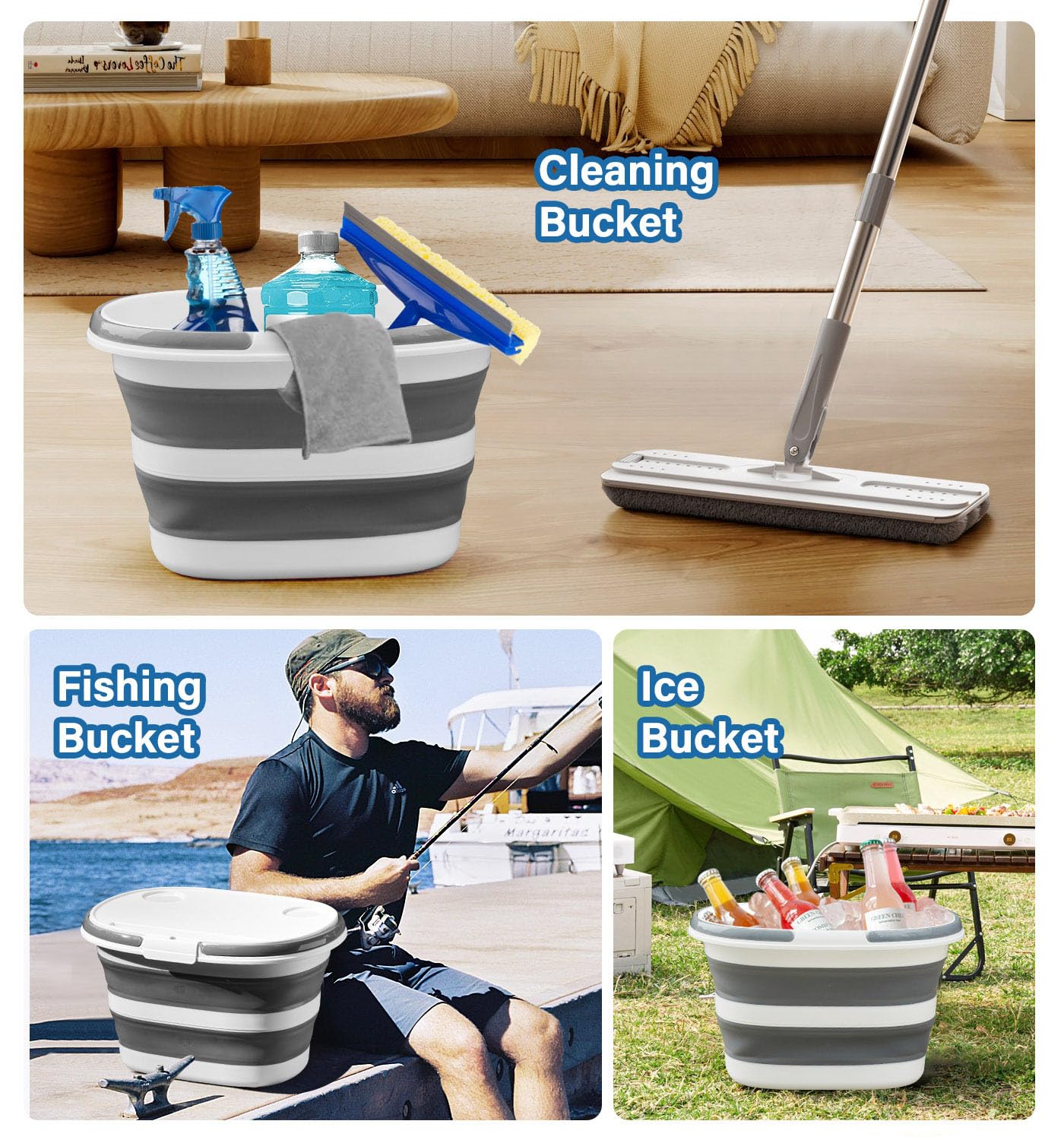 Zonopy Upgraded 16L Collapsible Mop Bucket with Multi-Functional Lid, 4-in-1 Foldable Silicone Tub with Table Surface, Floor Stand, Space Saving 4.2 Gallon Storage Solution for Home & Outdoor