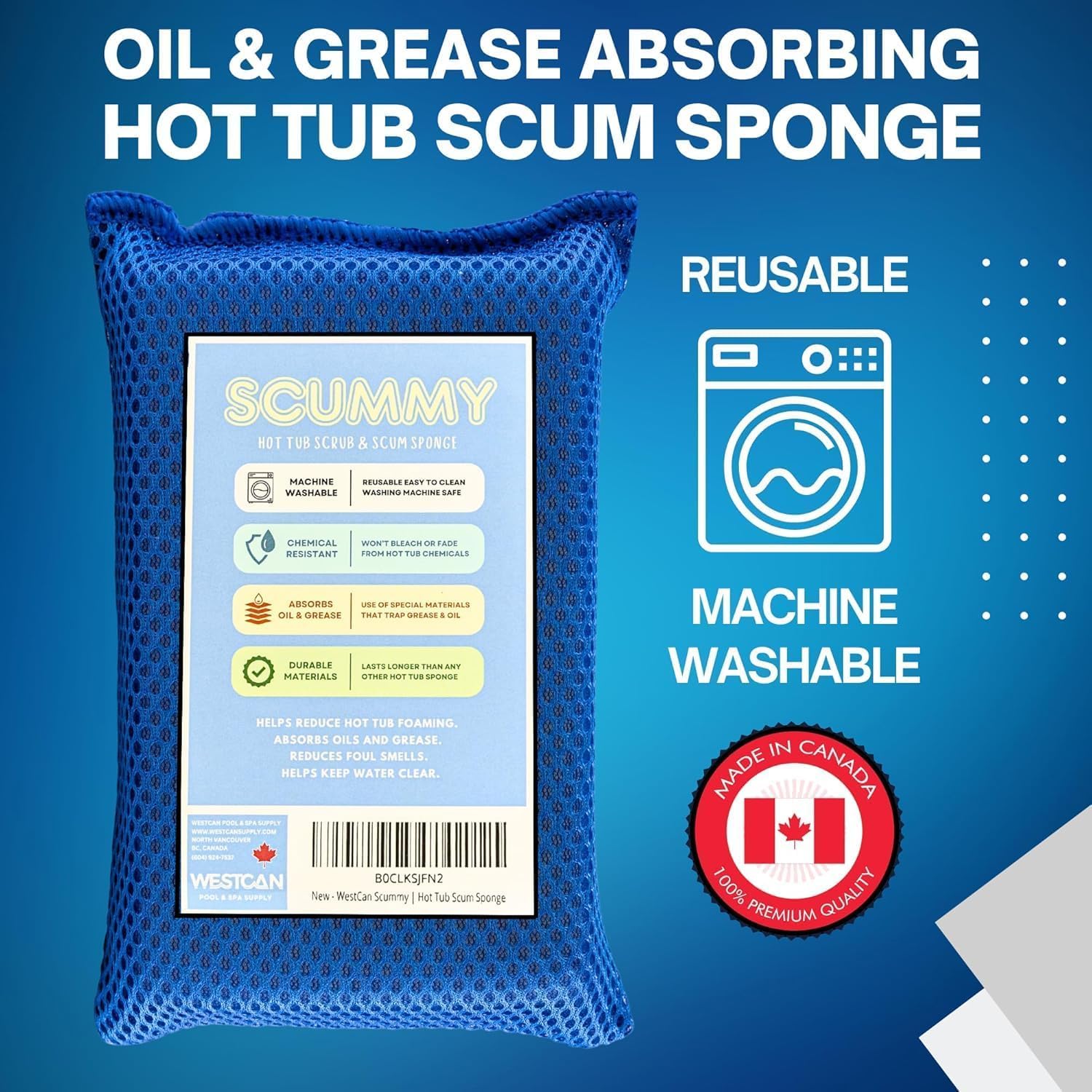 SCUMMY 2.0 Hot Tub Scum Sponge | Machine Washable | Grease & Oil Absorber | Reusable | for Bromine & Chlorine Hot Tubs | Use with Other Hot Tub Chemicals | Spa & Hot Tub Accessories | Scum Collector