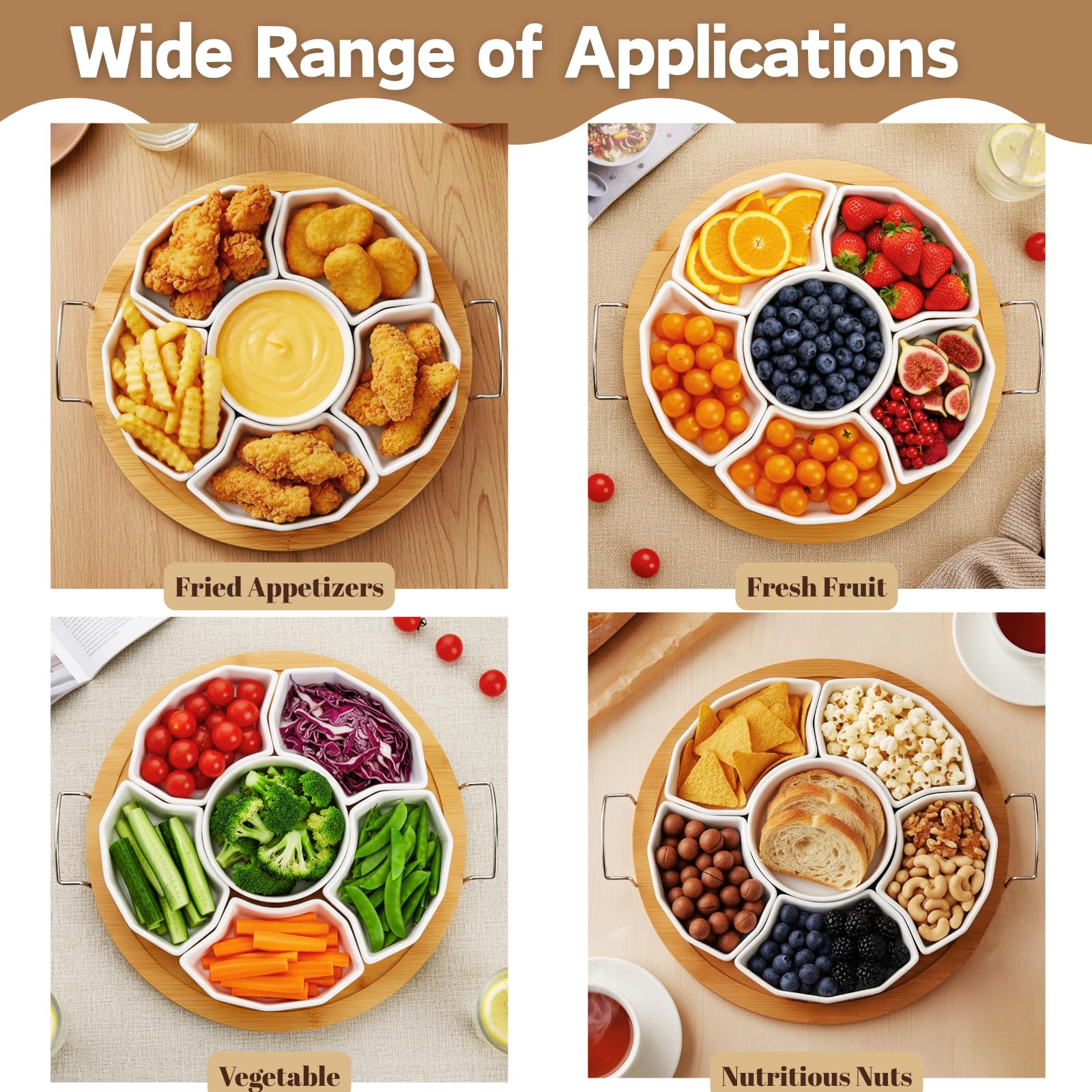ZENFUN 11 Inch Ceramic Serving Tray and Platter, Divided Dip Bowls with Handles, 6-Compartment Removable Appetizer Snack Bowls, Round Sectional Serving Platter for Chips and Dip, Fruits, Condiment
