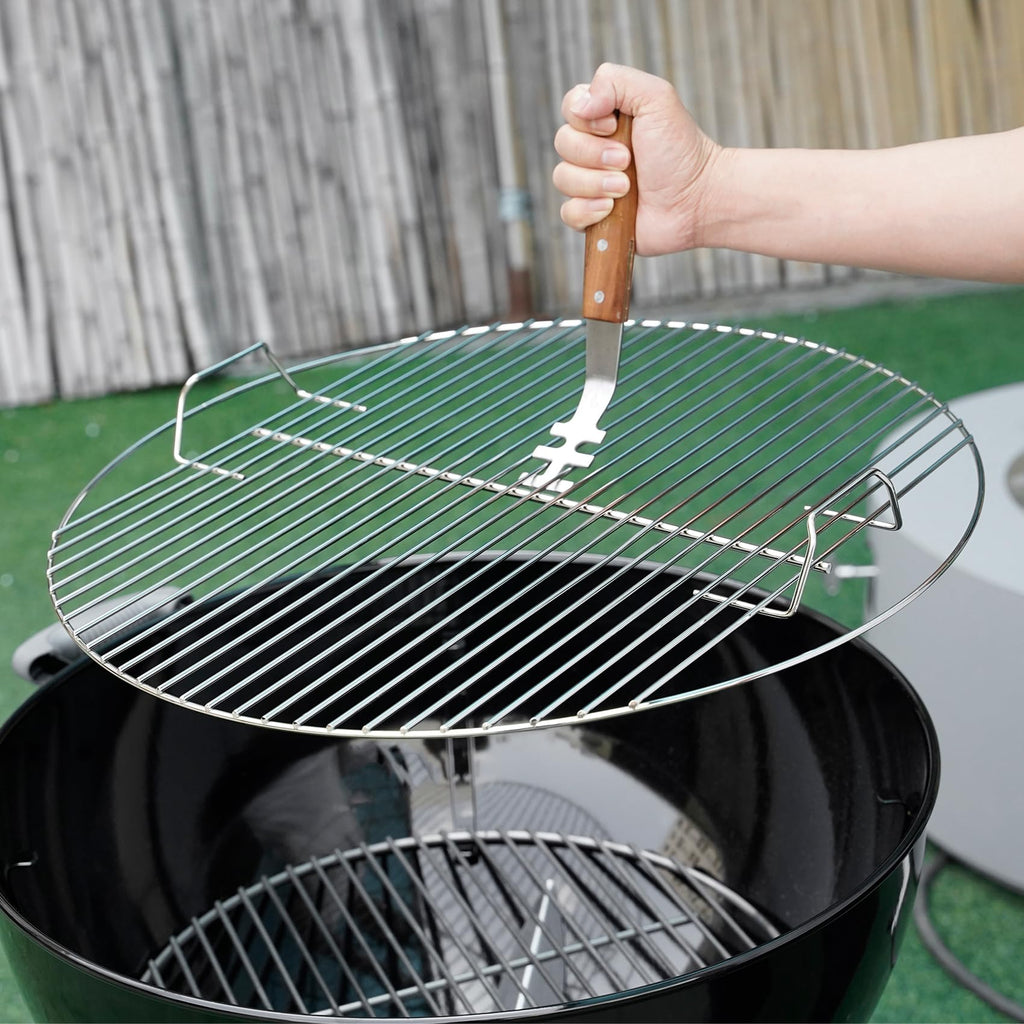 onlyfire 2PCS Stainless Steel Grill Grate Lifters with Acacia Wood Handle, BBQ Grate Lifter Tool for Safe Handling of Hot Grates, BBQ Accessories