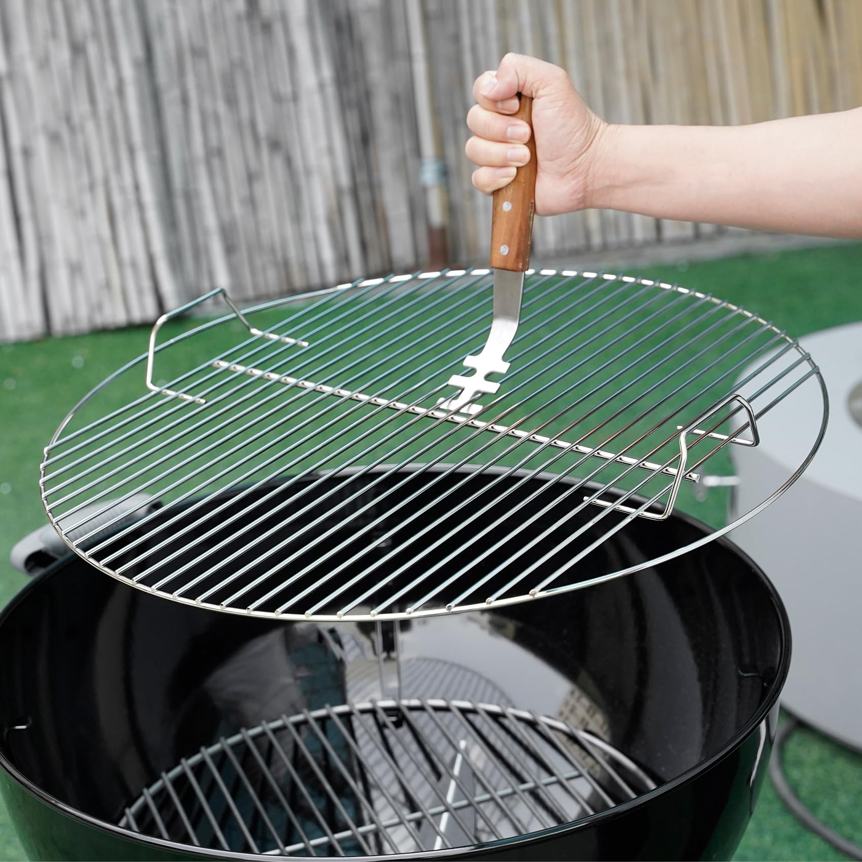 onlyfire 2PCS Stainless Steel Grill Grate Lifters with Acacia Wood Handle, BBQ Grate Lifter Tool for Safe Handling of Hot Grates, BBQ Accessories