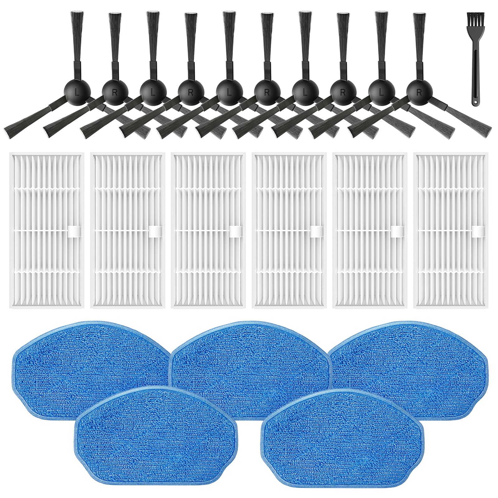 Replacement Parts for MAMNV, ZCWA, MANVINS G20, GTTVO, ONSON BR150/BR151 Robot Vacuum Accessories Kit - 6 Filters, 5 Mop Pads, 10 Side Brushes