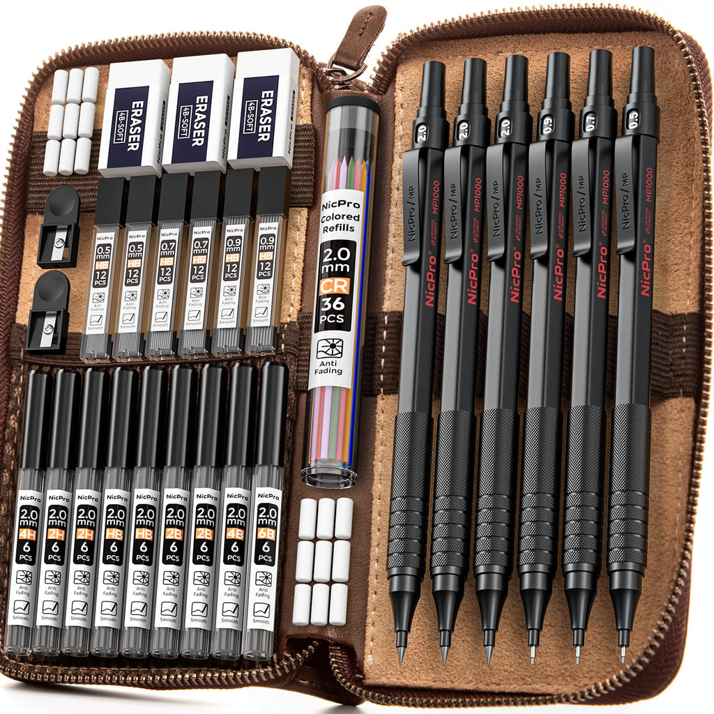 Nicpro 30PCS Black Metal Mechanical Pencils Set in Leather Case, Art Drafting Pencil 0.5, 0.7, 0.9 mm, 2mm Lead Pencil Holders for Sketching Drawing With 16 Tube (6B 4B 2B HB 2H 4H Colors)Lead Refills