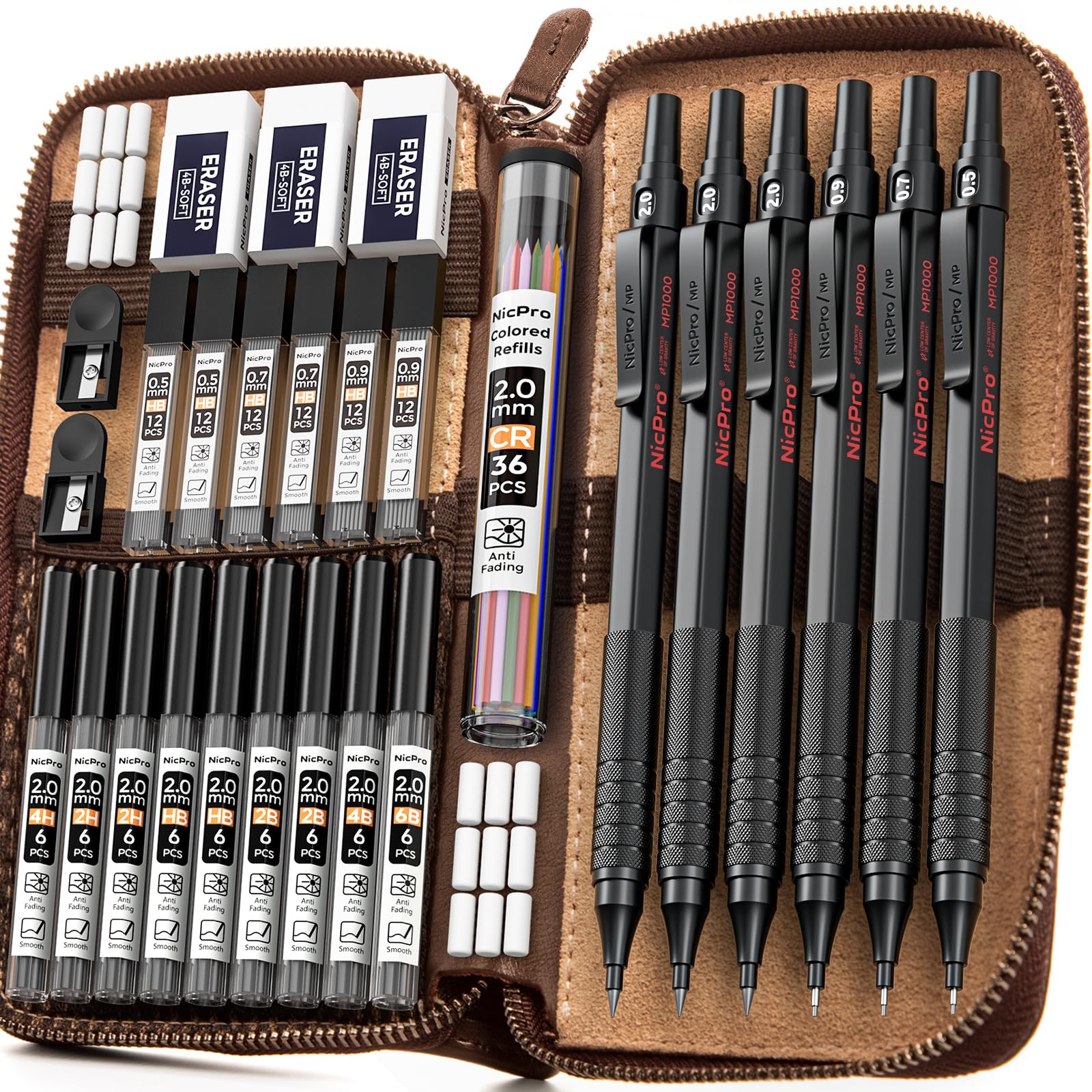 Nicpro 30PCS Black Metal Mechanical Pencils Set in Leather Case, Art Drafting Pencil 0.5, 0.7, 0.9 mm, 2mm Lead Pencil Holders for Sketching Drawing With 16 Tube (6B 4B 2B HB 2H 4H Colors)Lead Refills