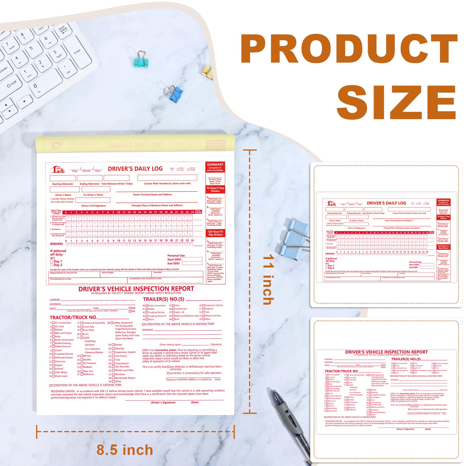 70 Sheets 2-in-1 Driver Vehicle Inspection Report Book 8.5x11 inch Drivers Daily Log Book Large Pretrip Checklist Notebook for Truck Driver