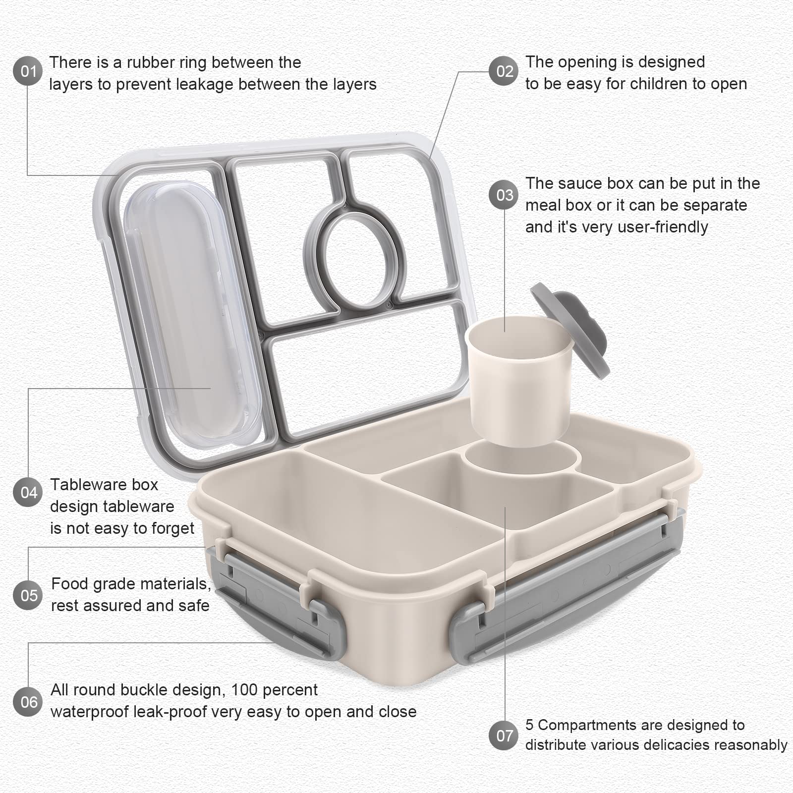 Amathley Bento Box Adult Lunch Box Kids,Lunch containers for Adults/Kids/Toddler,5 Compartments bento Lunch Box for Kids with Sauce Vontainers,Microwave & Dishwasher & Freezer Safe (Milky)