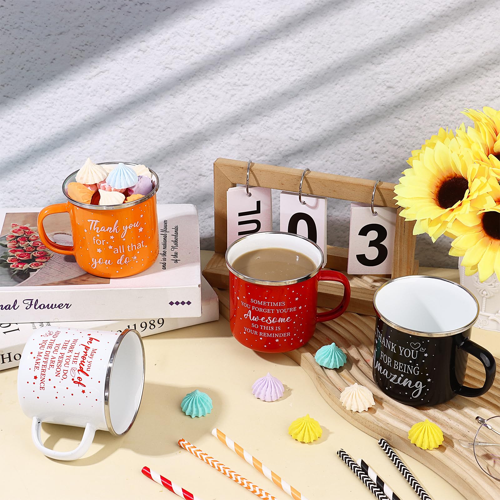 4 Pcs 12 oz Inspirational Enamel Coffee Mug Gift Thank You Gifts Motivational Camping Coffee Mugs Drinking Cup Employee Appreciation Gifts for Volunteer Staff Coworker Team Teacher Nurse Favors