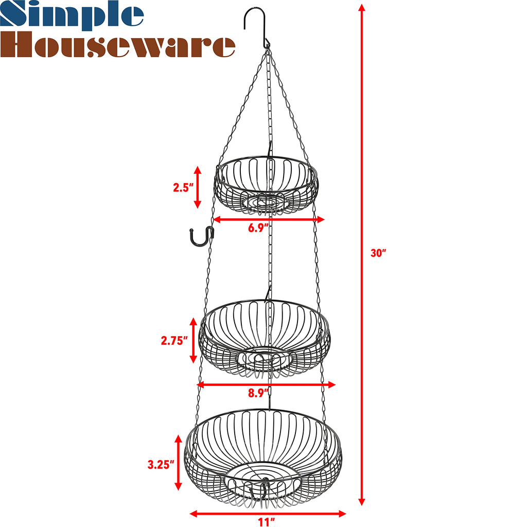 Simple Houseware 3-Tie Hanging Fruit Basket, Oblate, Black