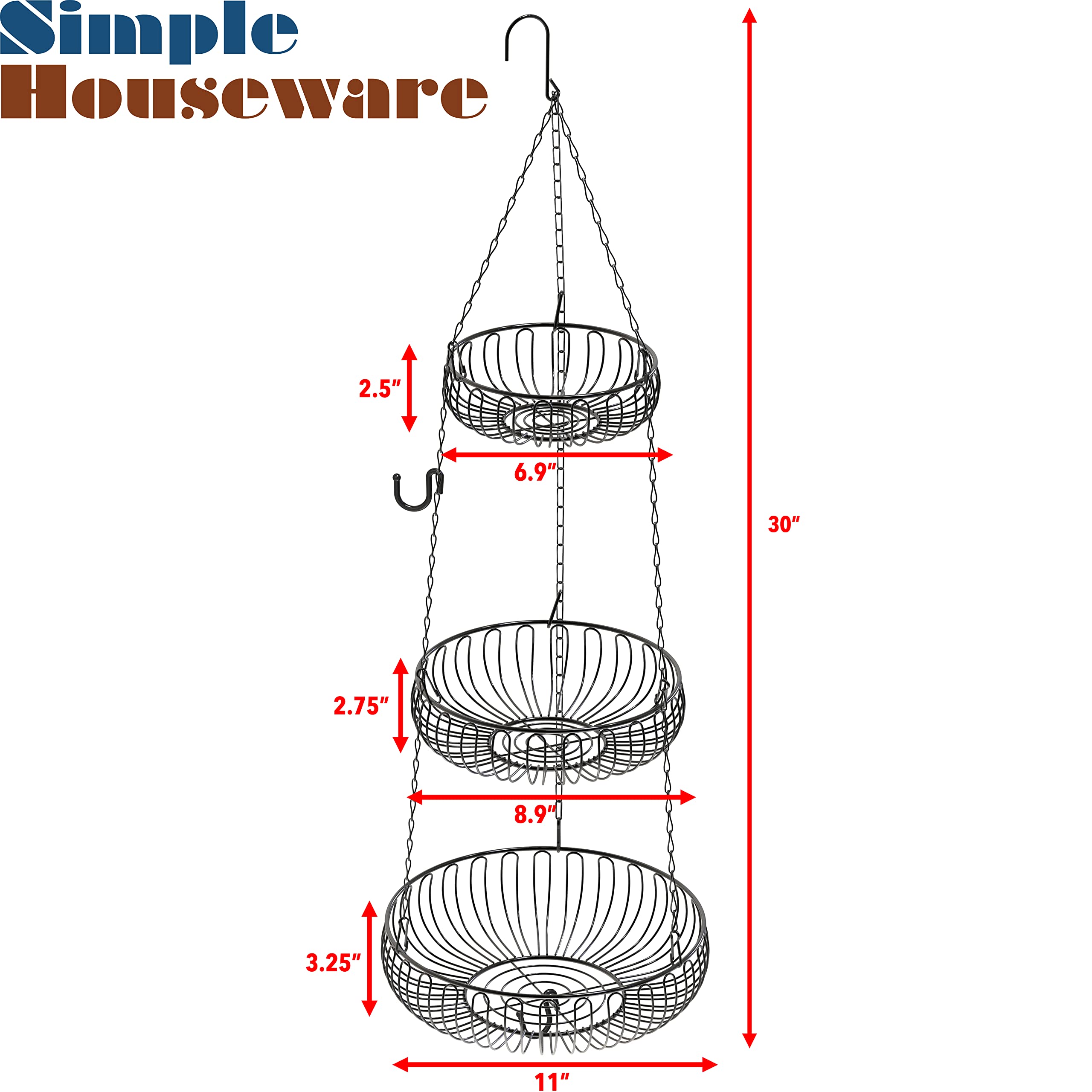 Simple Houseware 3-Tie Hanging Fruit Basket, Oblate, Black