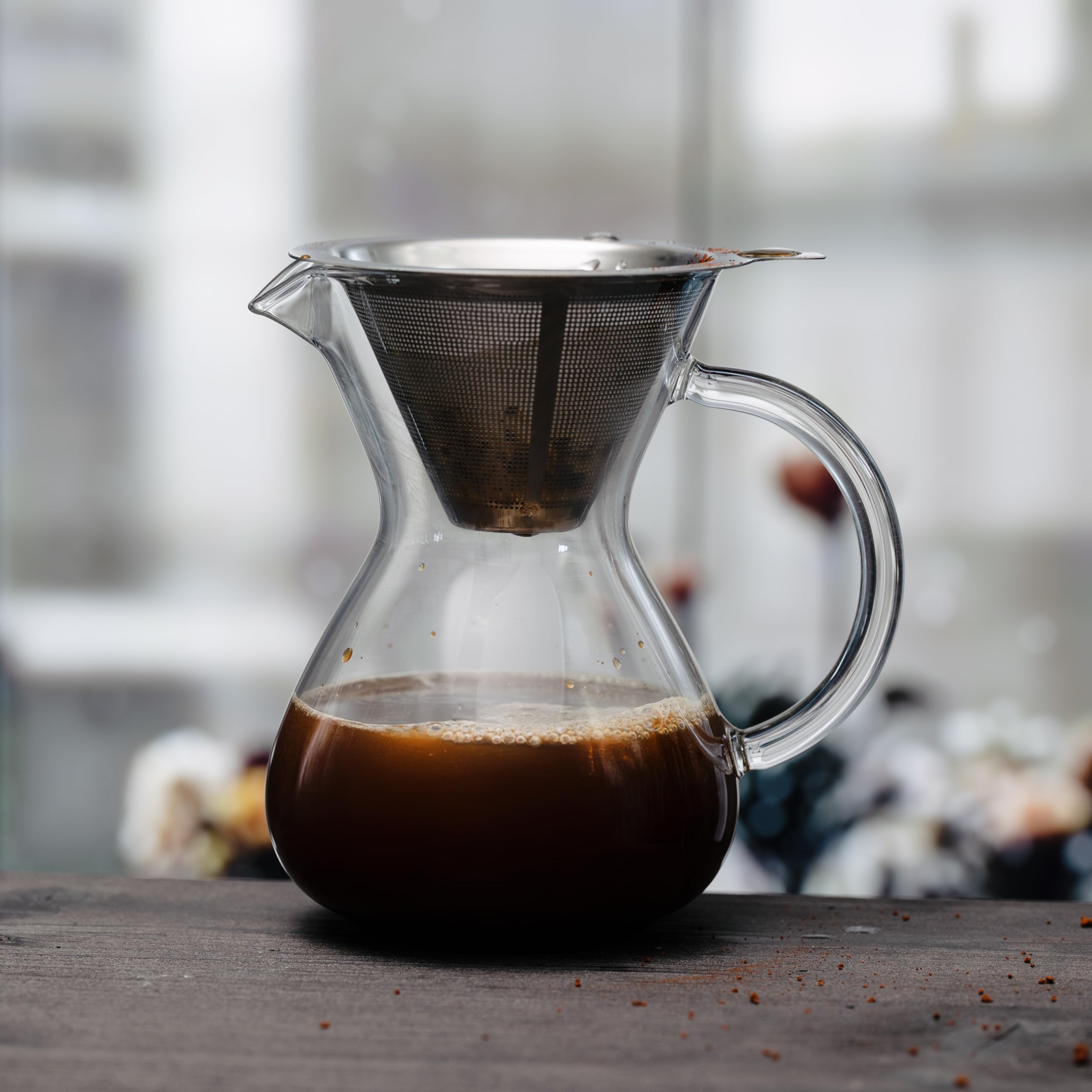 Pour Over Coffee Maker 2 Cup 16oz Borosilicate Glass Carafe with Stainless Steel Reusable Filter, Manual Drip Brewer, Paperless Coffee Pot for Home Kitchen Cafe
