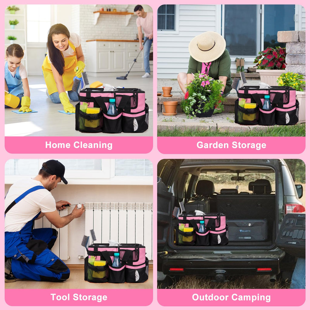 Large Cleaning Caddy Bag With 4 Foldable Dividers Cleaning Organizer with Detachable Divider Cleaning Supplies Organizer with Adjustable Shoulder Strap&Wais for Cleaners & Housekeeper(Black-pink)