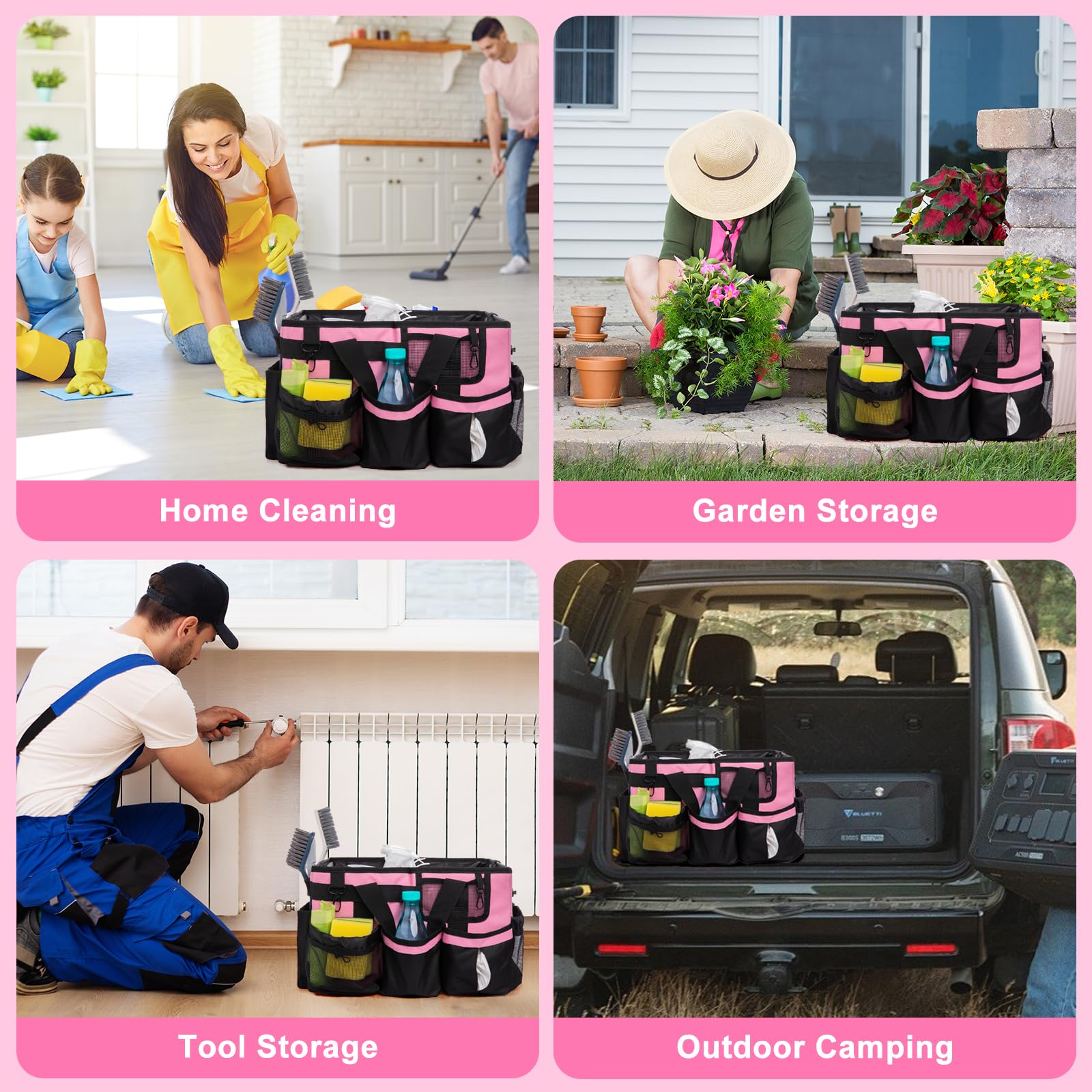 Large Cleaning Caddy Bag With 4 Foldable Dividers Cleaning Organizer with Detachable Divider Cleaning Supplies Organizer with Adjustable Shoulder Strap&Wais for Cleaners & Housekeeper(Black-pink)