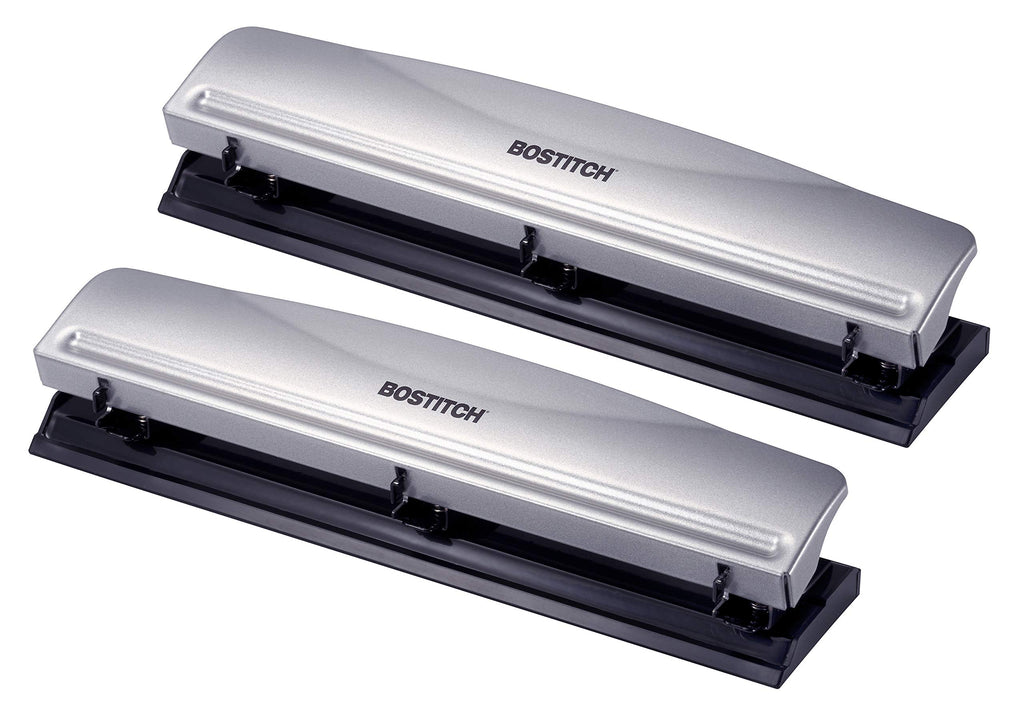 Bostitch Office 3 Hole Punch, 12 Sheet Capacity, Metal, Silver, 2-Pack