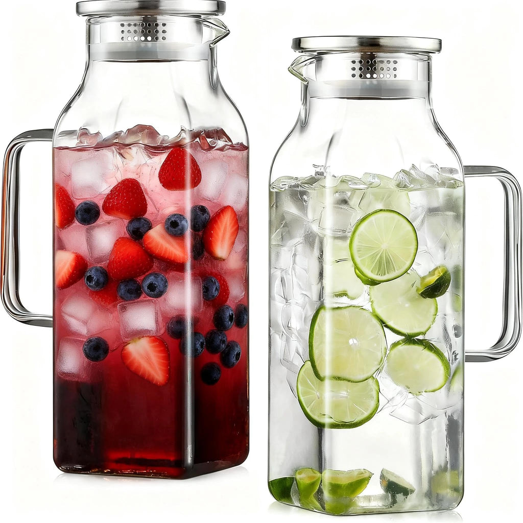 SYDALARAW 2 Pack Glass Water Pitcher, 2 Liter/68 oz Square Glass Pitcher with Lid and Handle, Clear Heat Resistant Glass Water Jug Carafe Juice Container for Hot Tea, Cold Brew and Milk