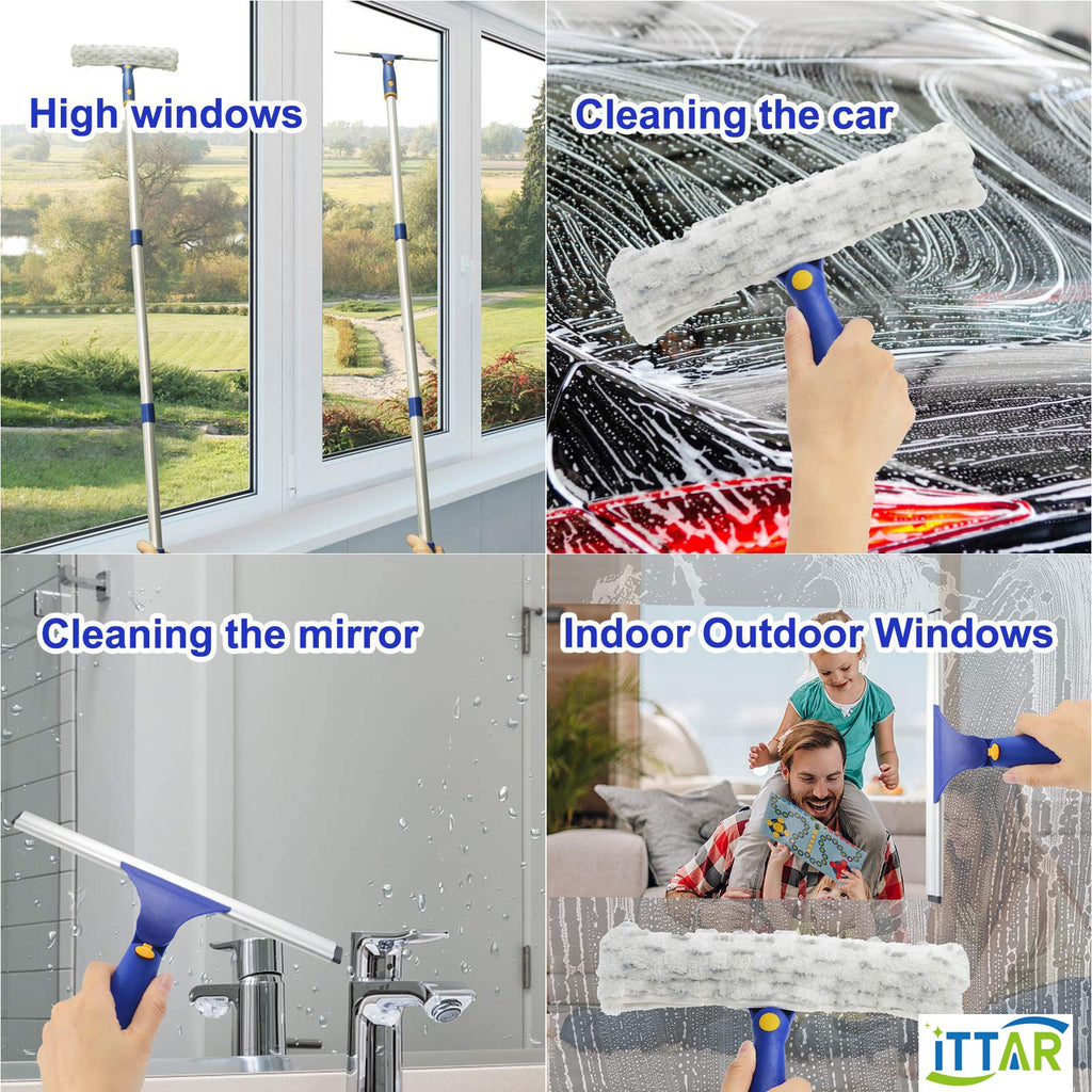 ITTAR Window Cleaner Squeegee,Rotatable Squeegee and Microfiber Scrubber with Extendable 3 Section Stainless Steel Pole,Window Cleaning Tool with 2 Microfiber Pads for Shower Glass Door,Car Windshield
