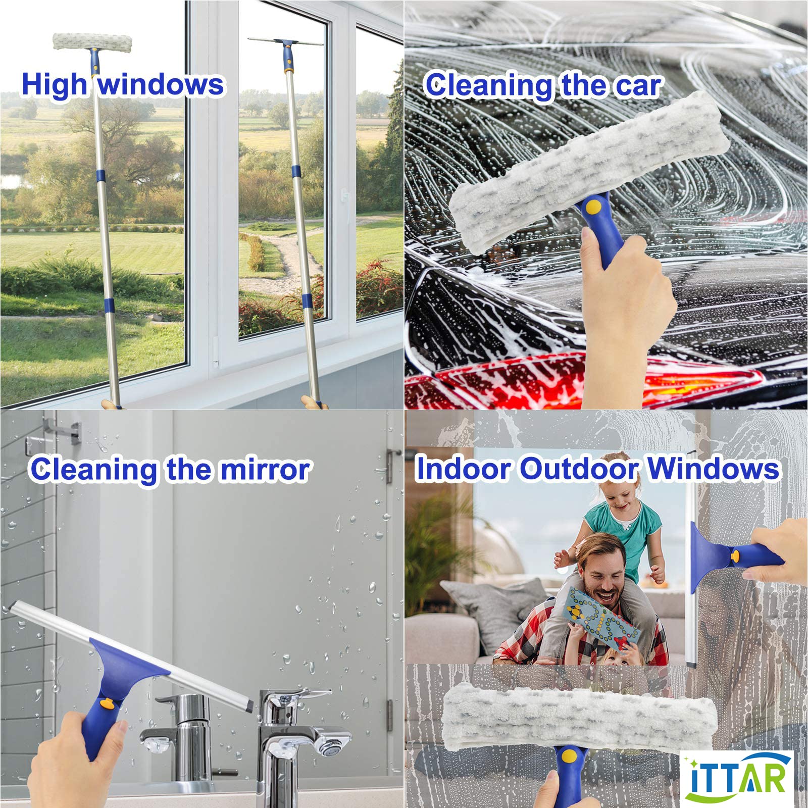 ITTAR Window Cleaner Squeegee,Rotatable Squeegee and Microfiber Scrubber with Extendable 3 Section Stainless Steel Pole,Window Cleaning Tool with 2 Microfiber Pads for Shower Glass Door,Car Windshield