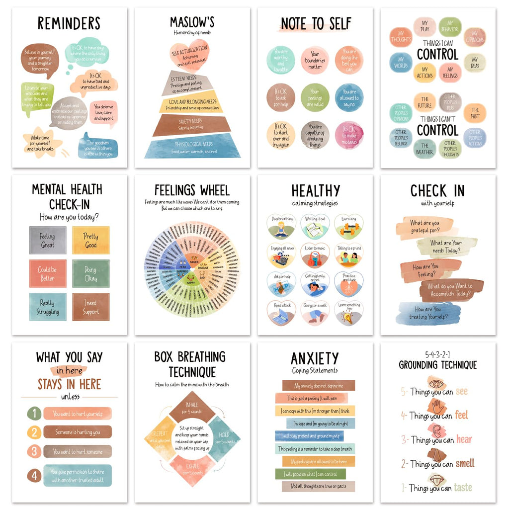 12 PCS Mental Health Posters-Printed Educational Publications Posters School Counselor Office Must Haves, Therapy Office Decor Feelings Wheel Maslows Hierarchy of Needs(10"x14")