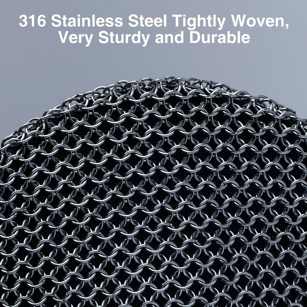Upgraded Cast Iron Skillet Scrubber with Ergonomic Handle, Chain Mail Cleaning Scrubber for Cast Iron Pans Griddle Cleaning Brush with Pan Grill Scrapers