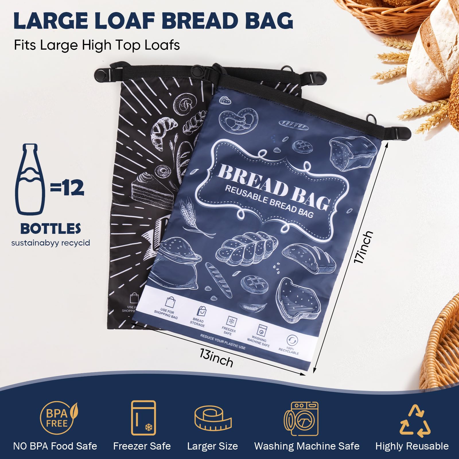 Bread Bags, 2 Packs Bread Bags for Homemade Bread, Reusable Sourdough Storage Bag With Zipper, Large Freezer Container to Keep Bread Fresh (Black, L)