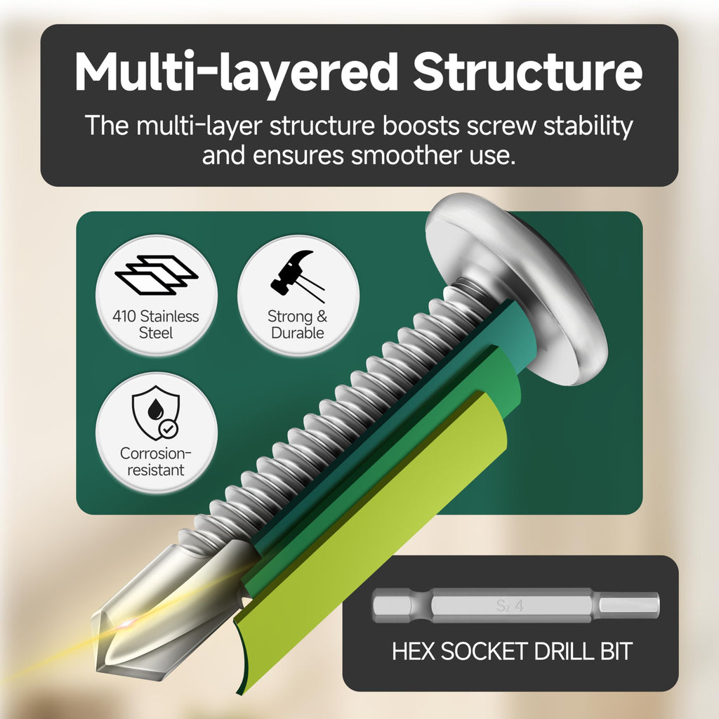 EASTPUK 100Pcs 10 x 1 Sheet Metal Screws, Stainless Steel Flat Head Socket Cap Self Drilling Screw, Allen Socket Drive, Self Tapping Screws with Drill Bit