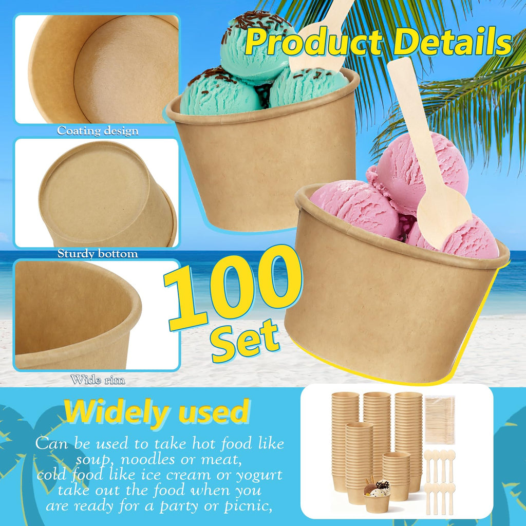 100 Pack Ice Cream Bowls, Kraft Paper Dessert Cups with Wooden Spoons, Disposable Sundae Bowls, Ice Cream Containers for Cold and Hot Food, Sundae Bar, Birthday, Graduation, Party Supplies