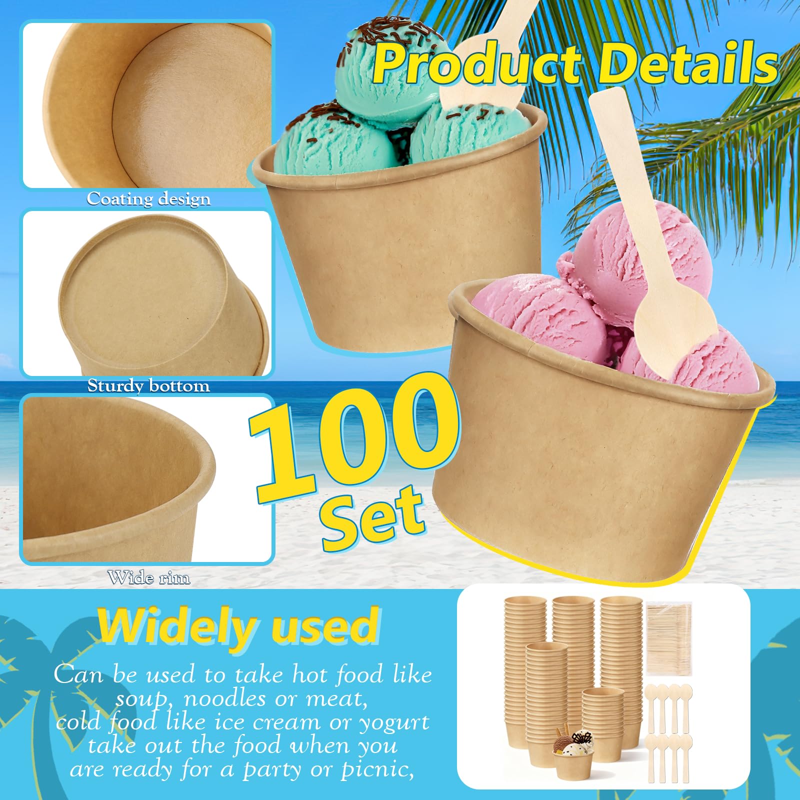 100 Pack Ice Cream Bowls, Kraft Paper Dessert Cups with Wooden Spoons, Disposable Sundae Bowls, Ice Cream Containers for Cold and Hot Food, Sundae Bar, Birthday, Graduation, Party Supplies