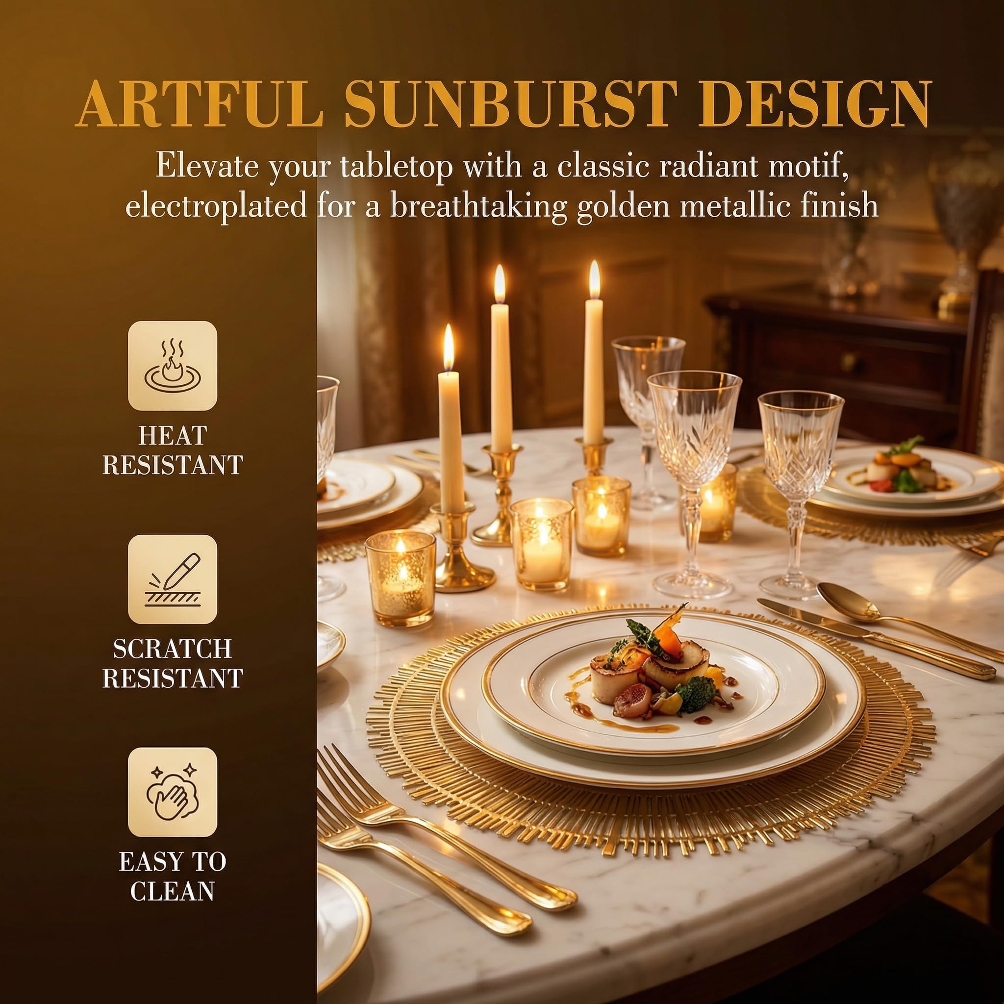 Pumtus 12 Pack 15 Inch Gold Round Placemats, Pressed Vinyl Metallic Place Mat, Non-Slip Hollow Out Dinning Table Mats for Table Decor, Wedding Accent Centerpiece, Christmas, Kitchen Decoration