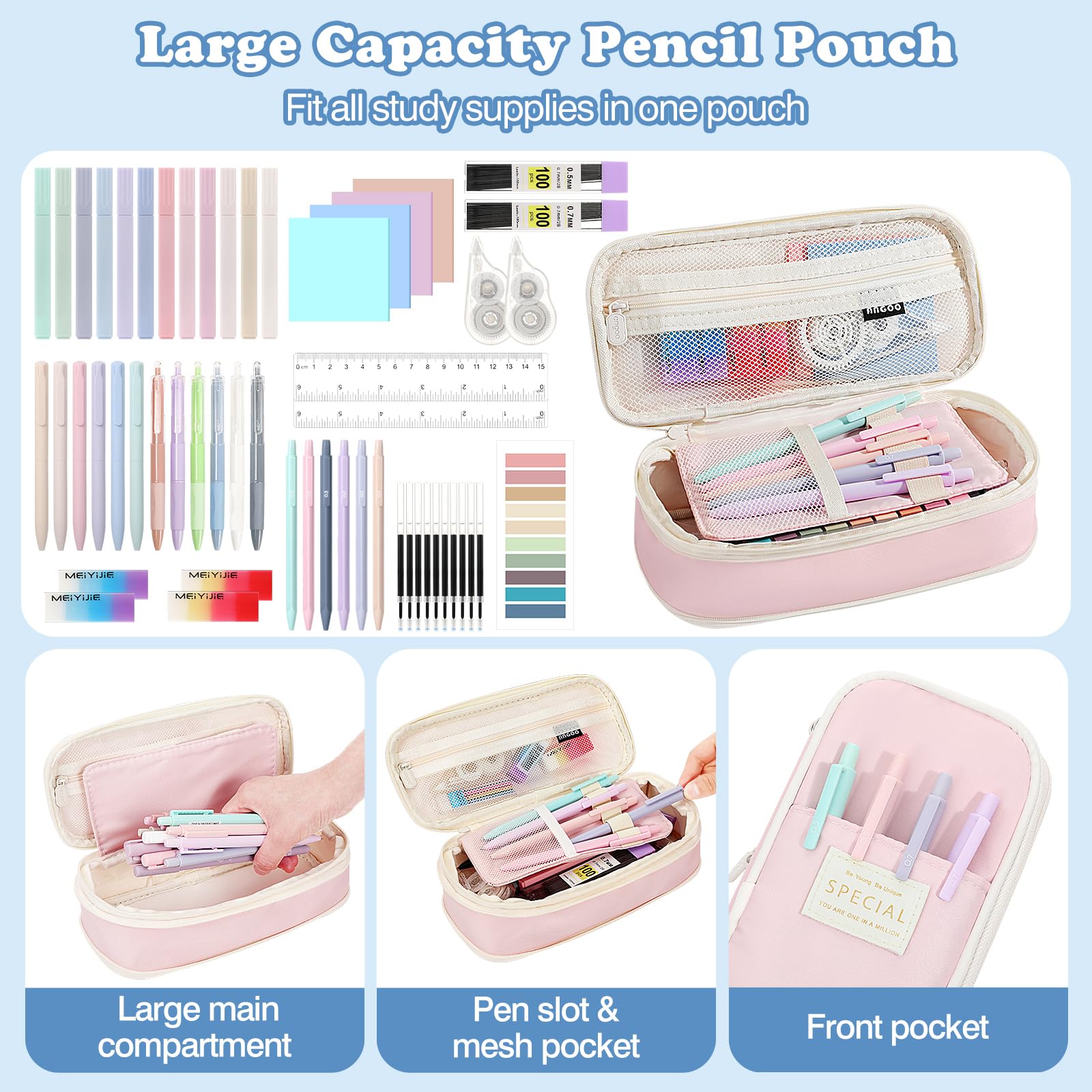 MoKo 56 PCS Aesthetic School Supplies with Pencil Pouch, Cute Stationery Set for Students Office, 12 Gel Pens, 12 Pastel Highlighters, 6 Mechanical Pencils 0.5 & 0.7mm, Sticky Note Index Tab (Pink)
