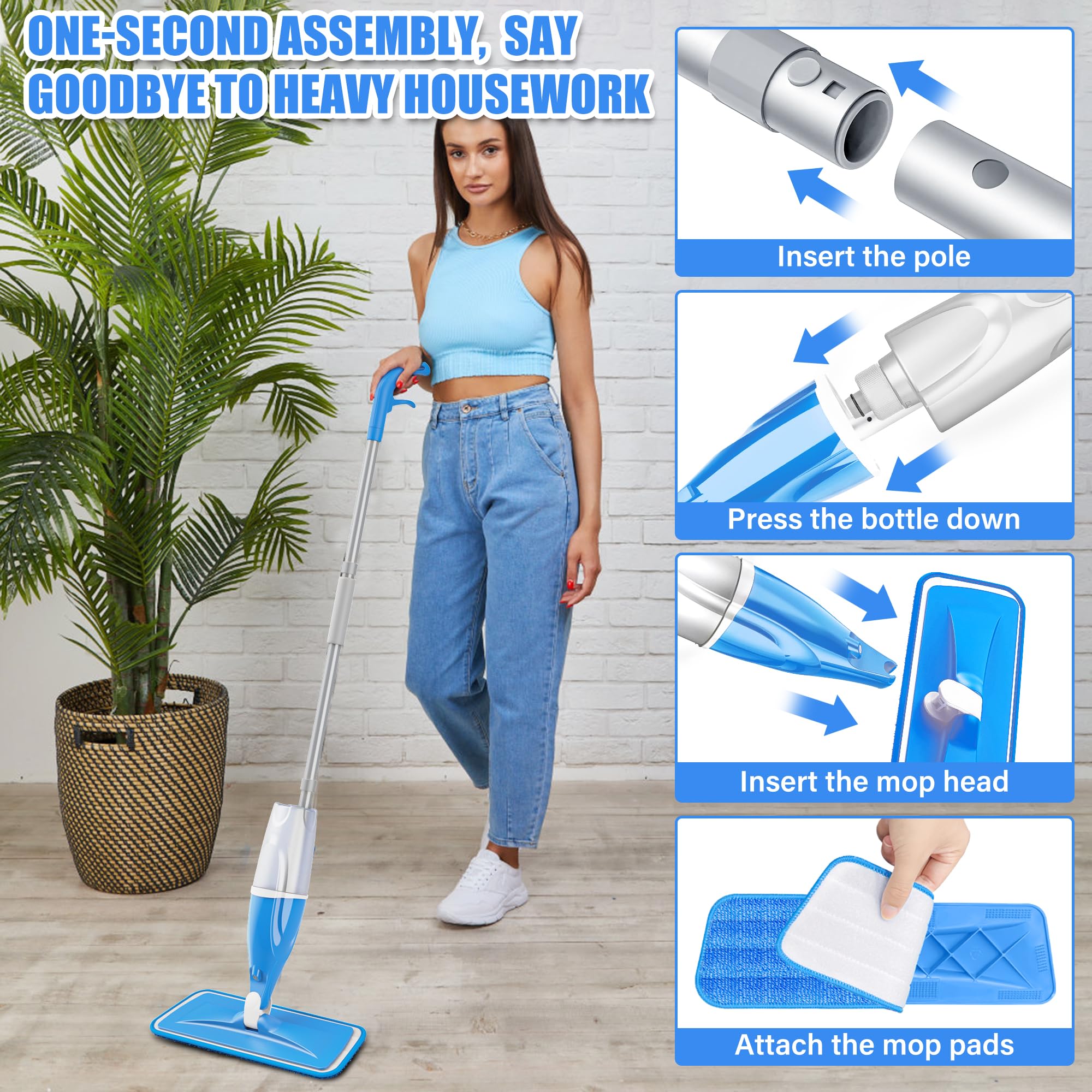 Microfibre Spray Wet Mops with 4X Washable Reusable Pads - EXEGO Dust Dry Mop for Hard Floors Wood Floor Flat Mop with Spray for Tile Vinyl Laminate Wood Ceramic Hardwood Floors Cleaning