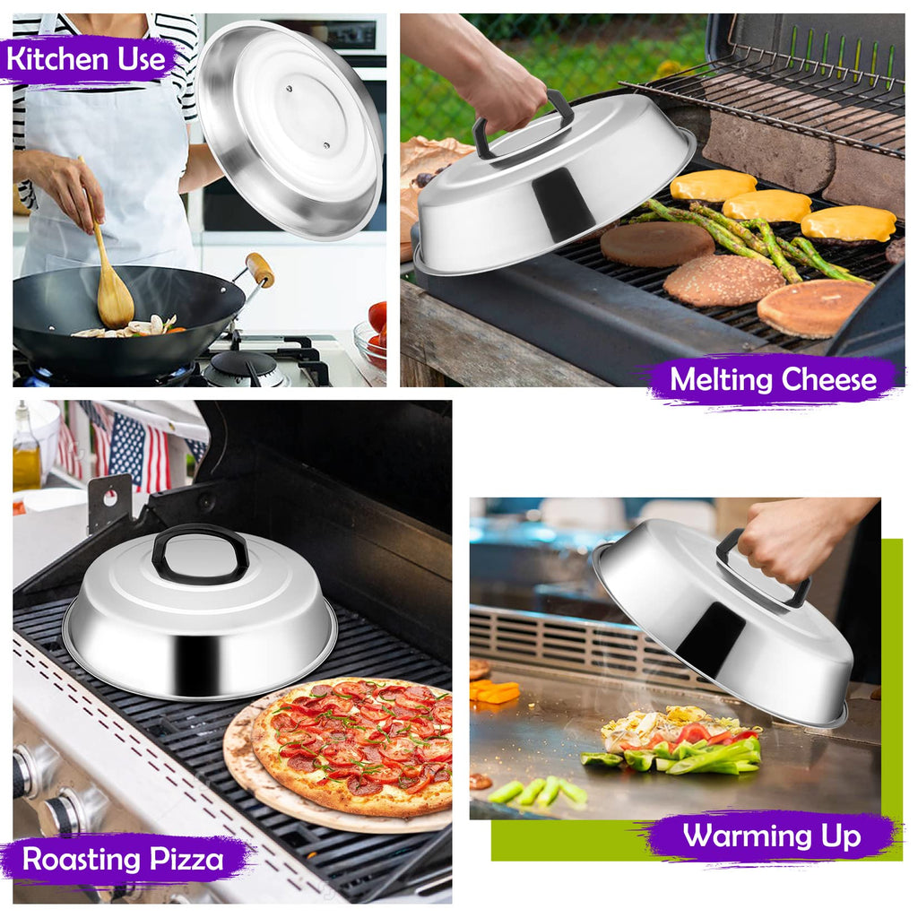 12 Inch Cheese Melting Dome Set of 2, Joyfair Basting Cover for Griddle Grilling Outdoor Camping/Flat Top Teppanyaki, Stainless Steel Lids with Heat-Proof Handle, Dishwasher Safe