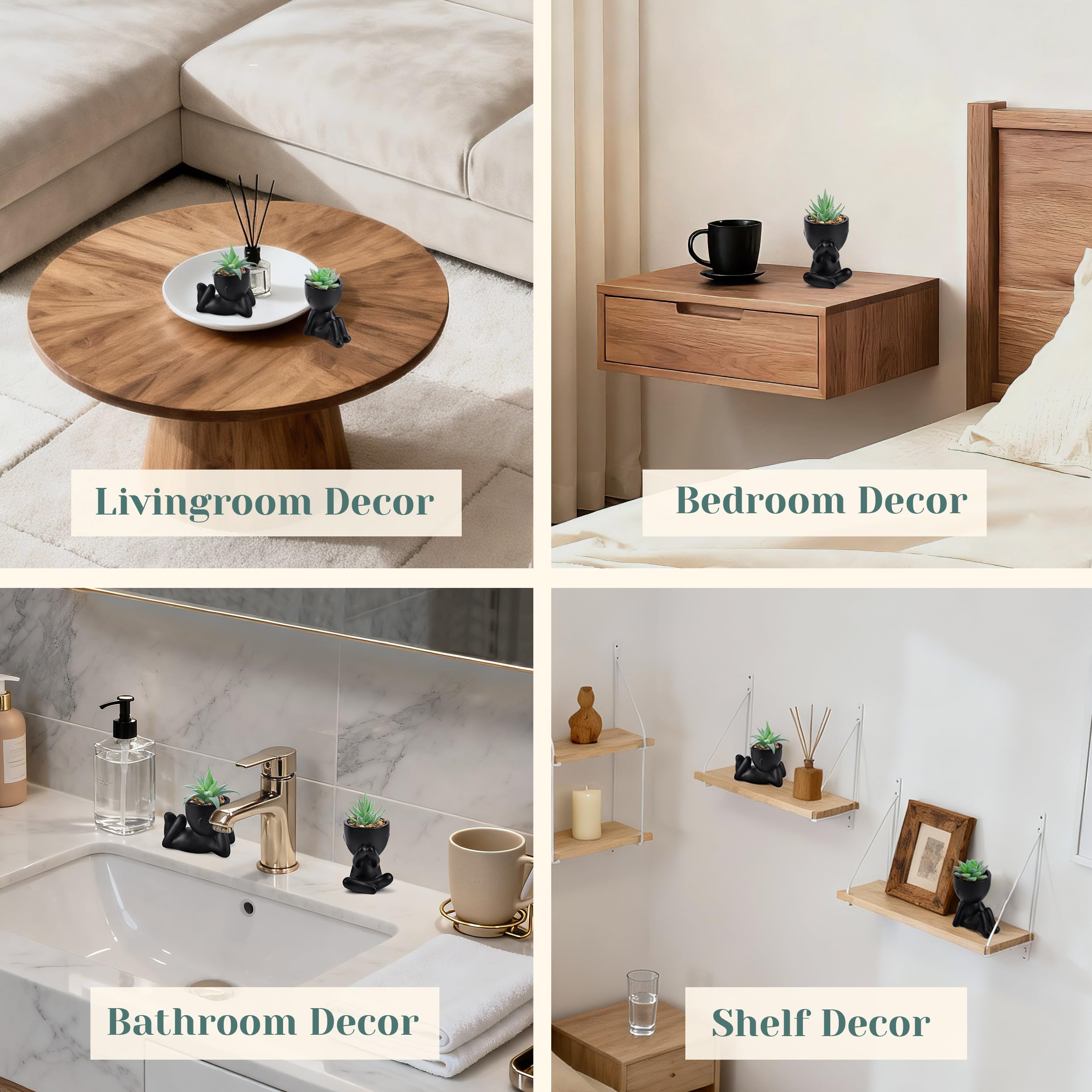 Der Rose 3Pcs Fake Plants Small Artificial Succulent, Cute Faux Plants for Home Bathroom Bedroom Living Room Office Desk Shelf Black Decor Indoor Aesthetic