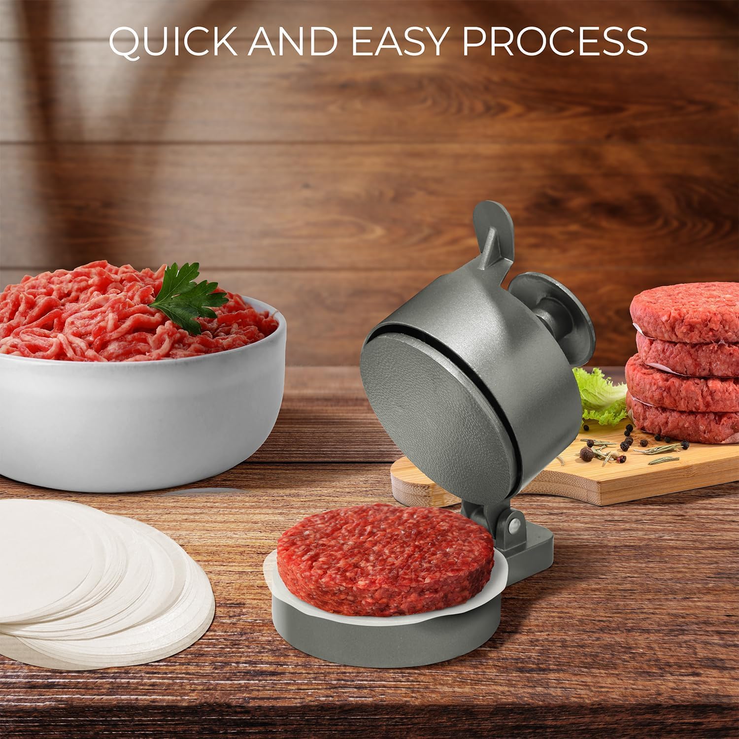 Hamburger Press Patty Maker - Adjustable 1/4lb to 3/4lb Burger Press Patty Maker with Patty Ejector - Adjustable Thickness for Burgers, Crab Cakes, and Sausage - Patty Paper Included