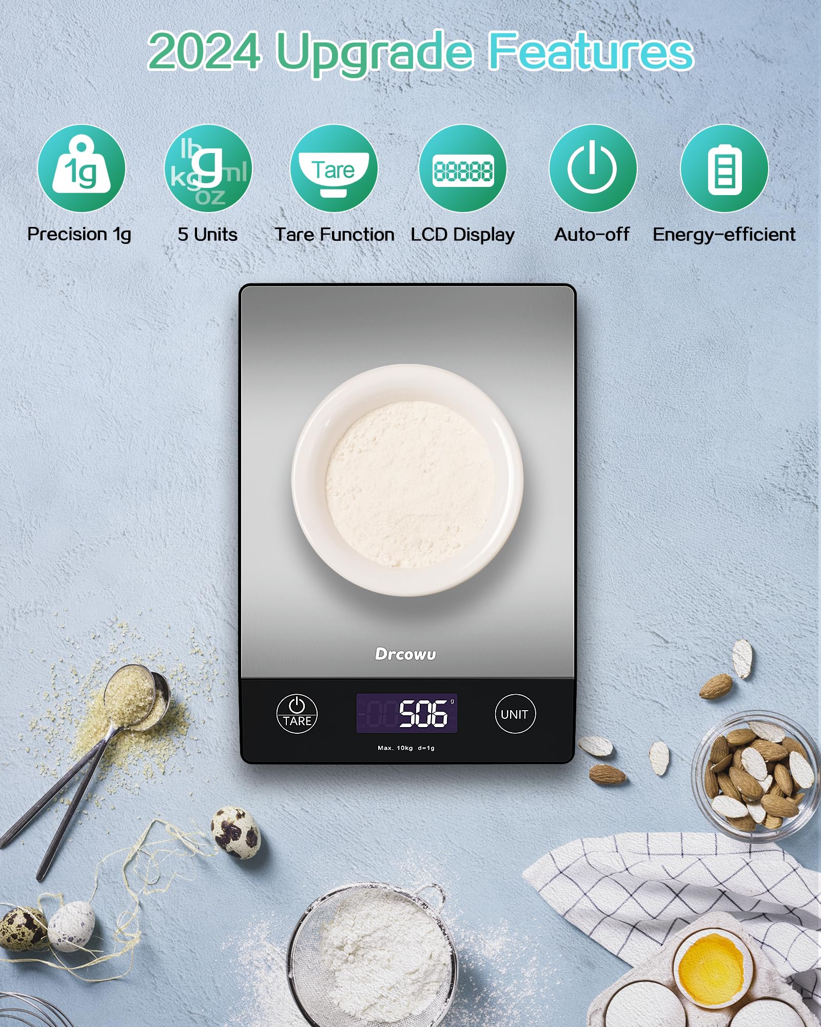 Drcowu Large Display Food Kitchen Scale, 10kg Digital Scales for Baking, Cooking, Keto and Meal Prep, Balance Alimentaire, Food Weight Scale with 1g Accuracy and LCD Backlit, Easy to Read, Gram and Oz