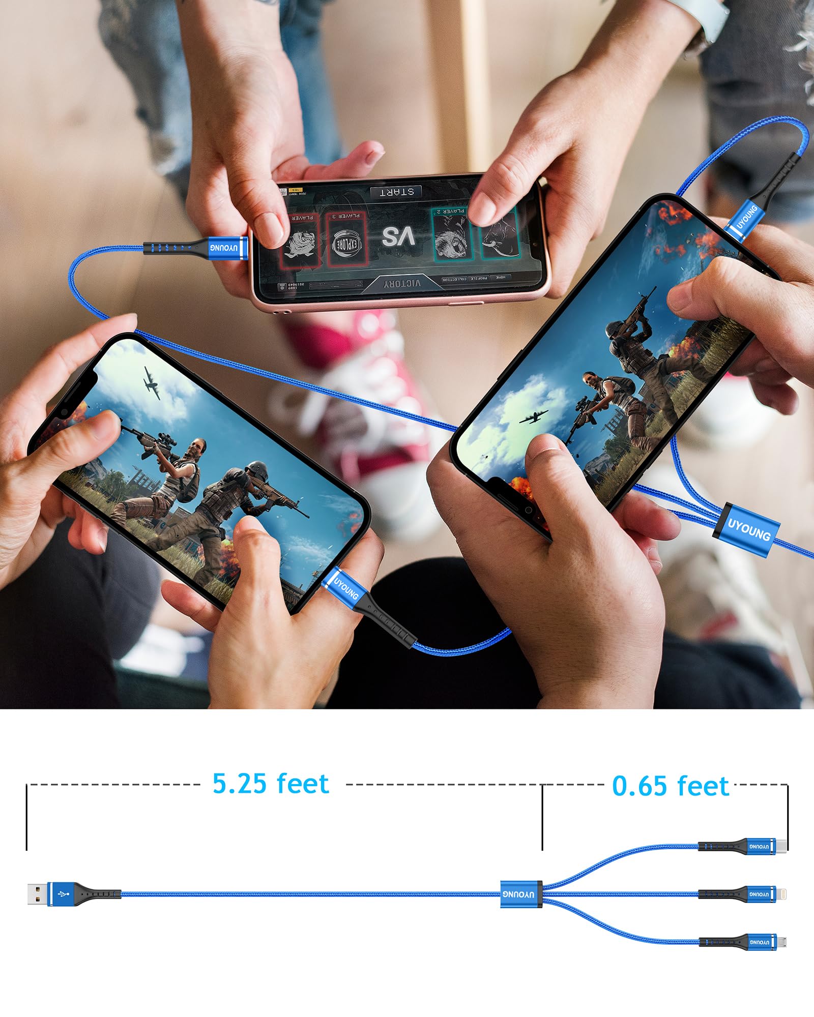 2Pack 6FT Multi Charging Cable Multiple USB 3 in 1 Charger Cable Universal Nylon Braided Fast Charge Cord with Type-C/Lightning/Micro USB Port Connectors for Cell Phone/iPhone/Tablet and More