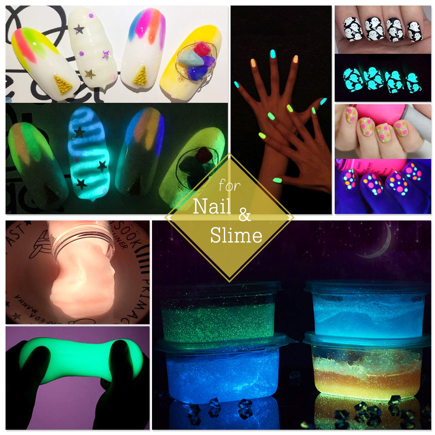 10 Color Glow In The Dark Pigment Powder with UV Lamp - Epoxy Resin Luminous Powder for Slime Kit,Skin Safe Long Lasting Self Glowing Dye for DIY Nail Art,Acrylic Paint,Fine Art, 0.7oz Each(Total 7oz)