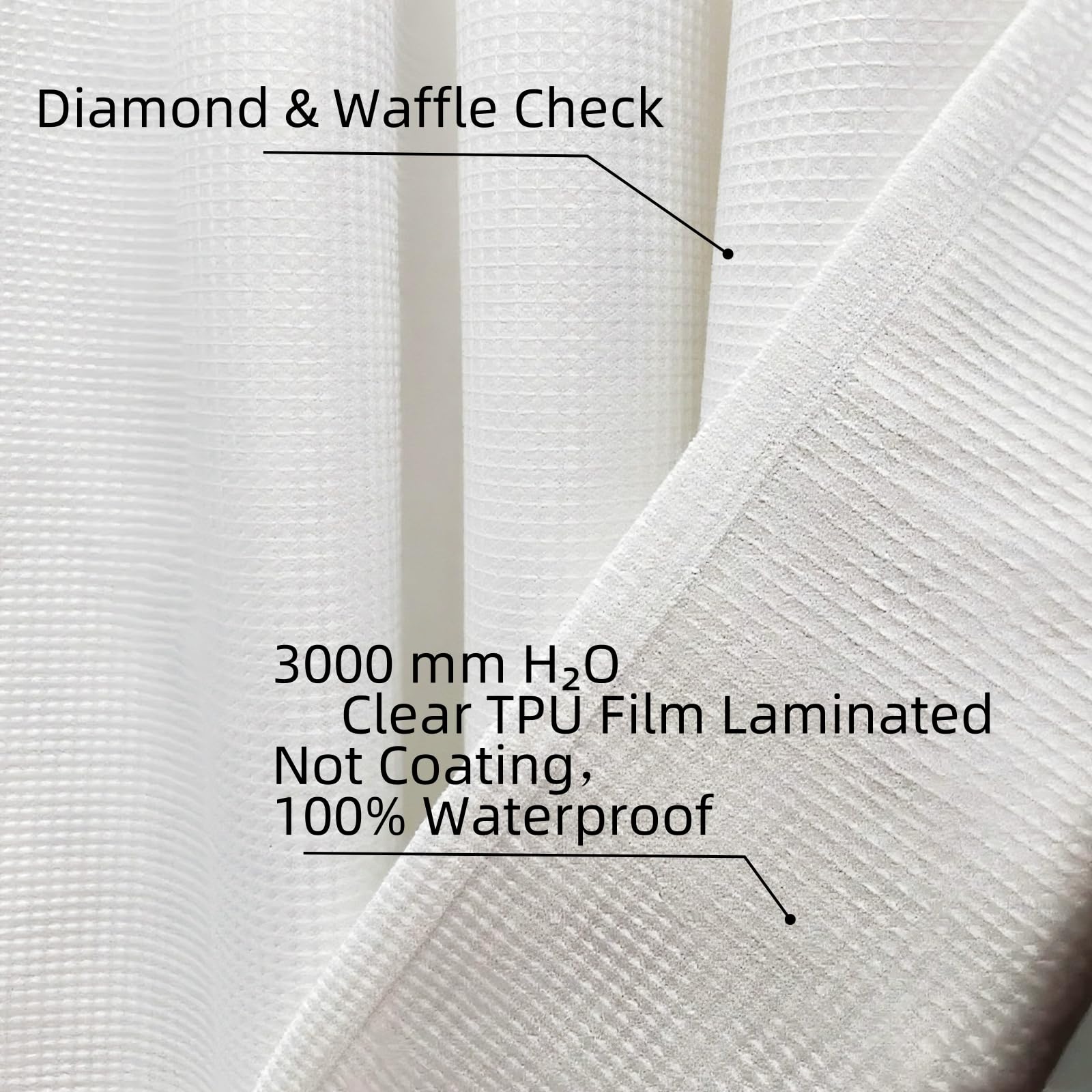 Linerless Waterproof Waffle Weave Fabric Shower Curtain - TPU Laminated Bathroom Curtain with 12 Rustproof Metal Hooks, 100% Water-Resistant & No Liner Needed, Machine Washable, 72x72 inches(White)
