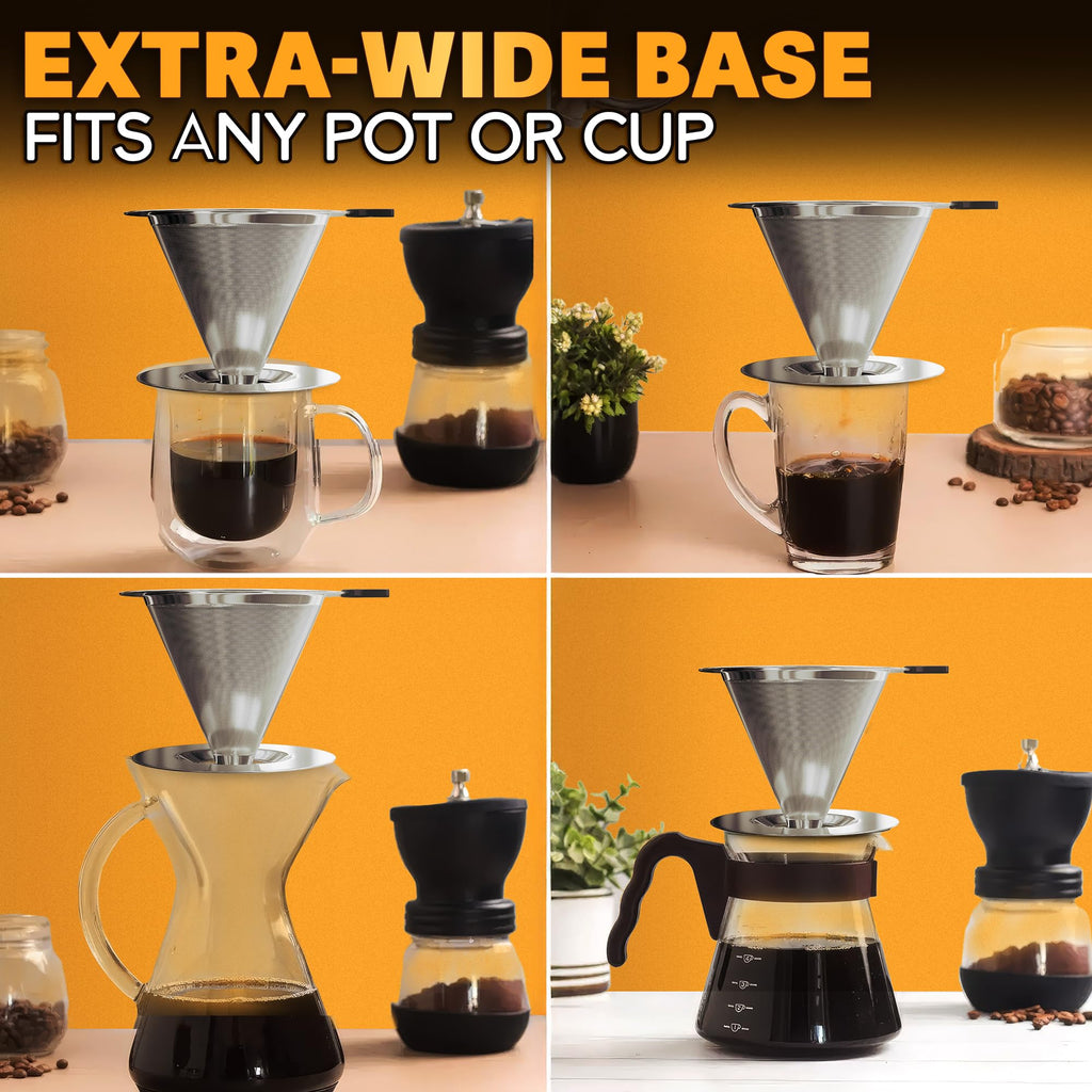 Pour Over Coffee Dripper - 3.18x4.48 Stainless Steel Pour Over Coffee Maker with Large Plastic Handle, Wide Secure Base and a Brush for Cleaning - Ensures Well-Balanced and Reach Tea Infuser