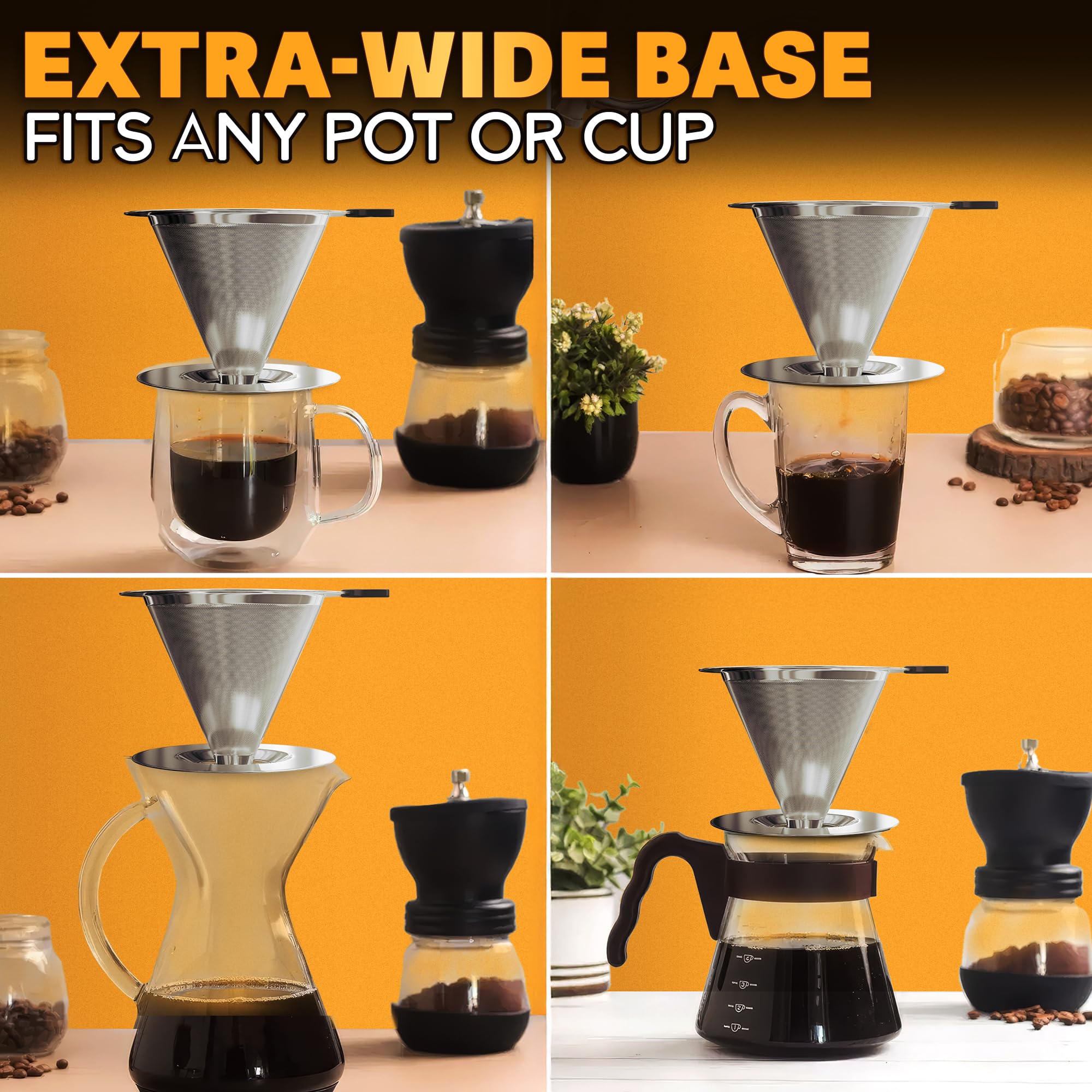 Pour Over Coffee Dripper - 3.18x4.48 Stainless Steel Pour Over Coffee Maker with Large Plastic Handle, Wide Secure Base and a Brush for Cleaning - Ensures Well-Balanced and Reach Tea Infuser