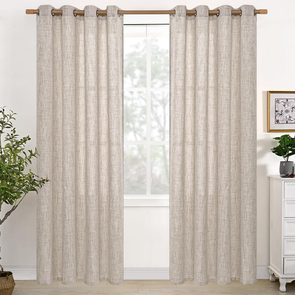YoungsTex Natural Linen Curtains 84 Inch Long for Living Room Bedroom Grommet Top Light Filtering Privacy Linen Textured Window Semi Sheer Drapes, 2 Panels, 52x84 Inch, Natural