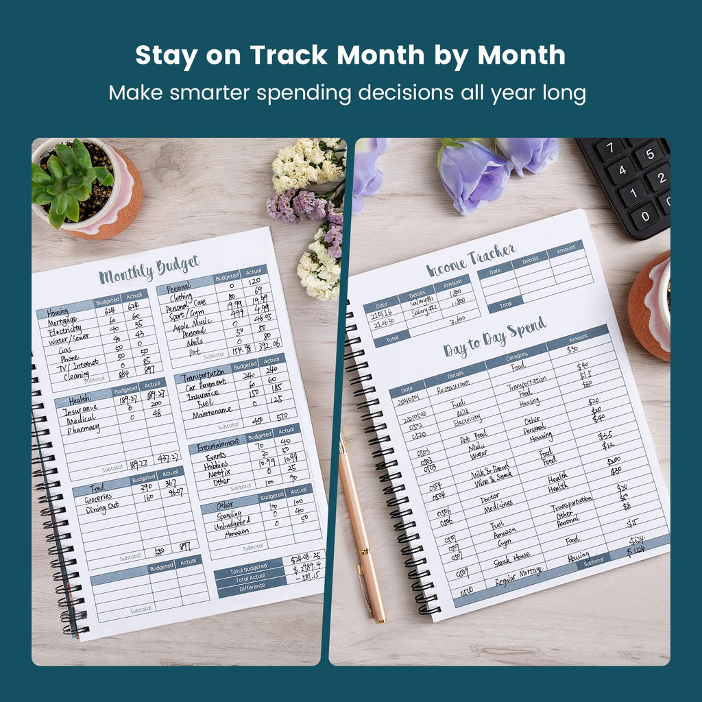 Monthly Financial Budget Planner (Undated) with 12 Pockets for Income, Debt, Saving, Expense and Bill Tracker Organizer, Blue, Spiral Design