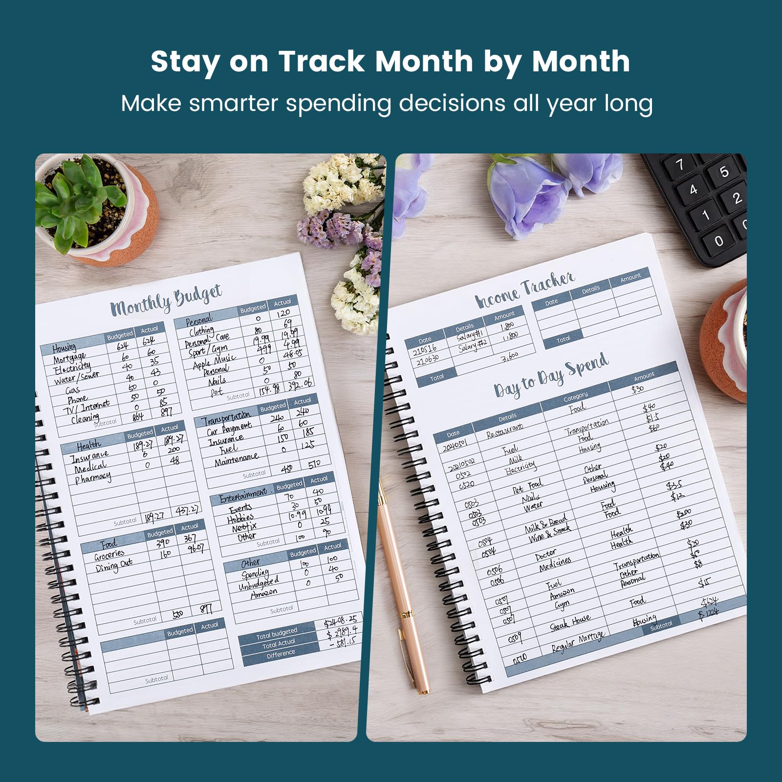 Monthly Financial Budget Planner (Undated) with 12 Pockets for Income, Debt, Saving, Expense and Bill Tracker Organizer, Blue, Spiral Design