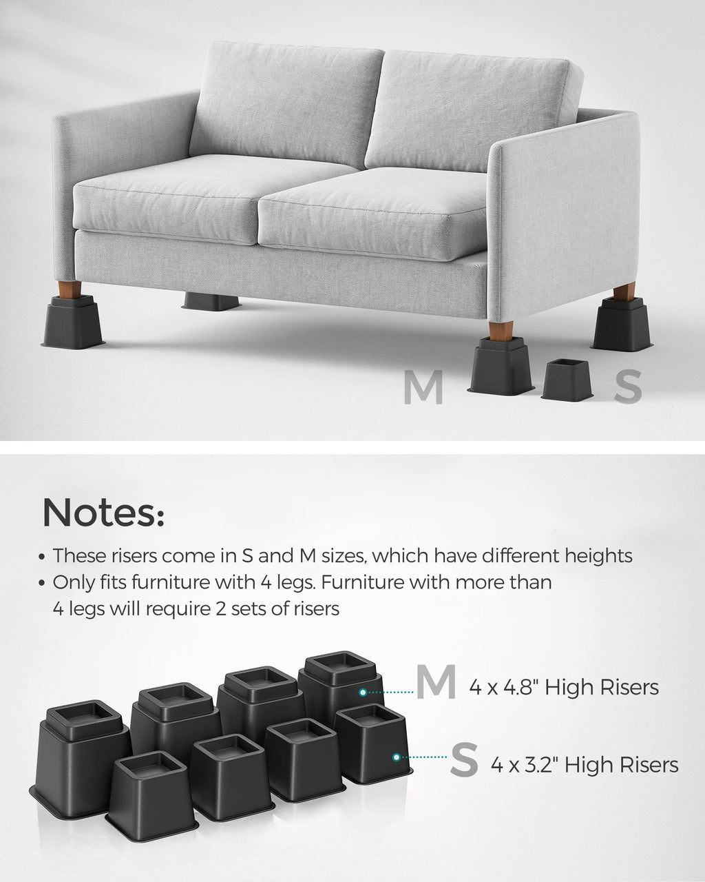 SONGMICS 4-Pack Heavy Duty Bed Lifts, Adjustable 3/5/8 Inch, Supports up to 1300 lb, Black, Rectangular, Modern, PP Plastic, 2.8" x 3-8", Beds, Sofas, Desks, Tables